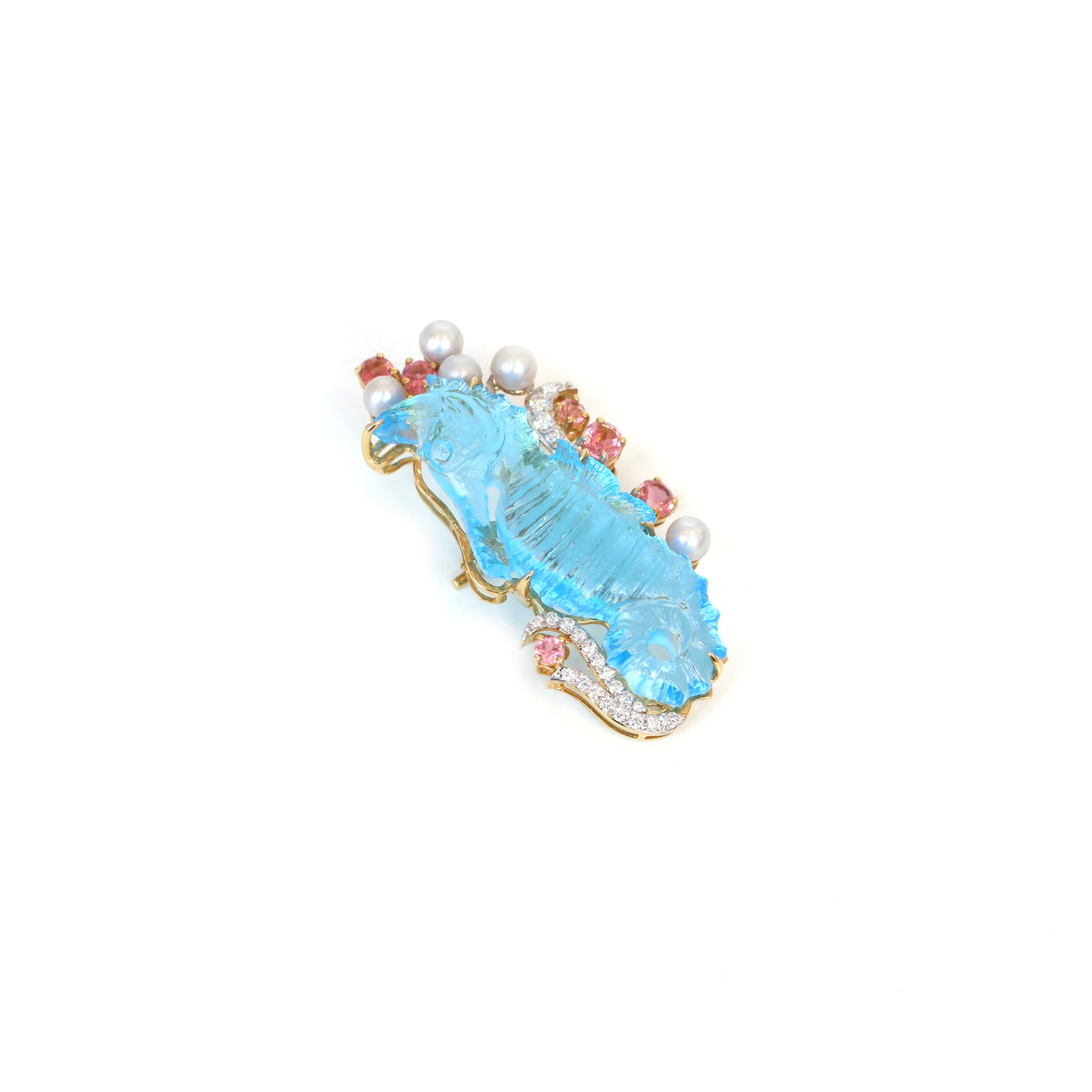 Natural Swiss Blue Topaz Carving Seahorse and Pearl Smooth Balls 14K gold brooch back view - NFJSD-1181