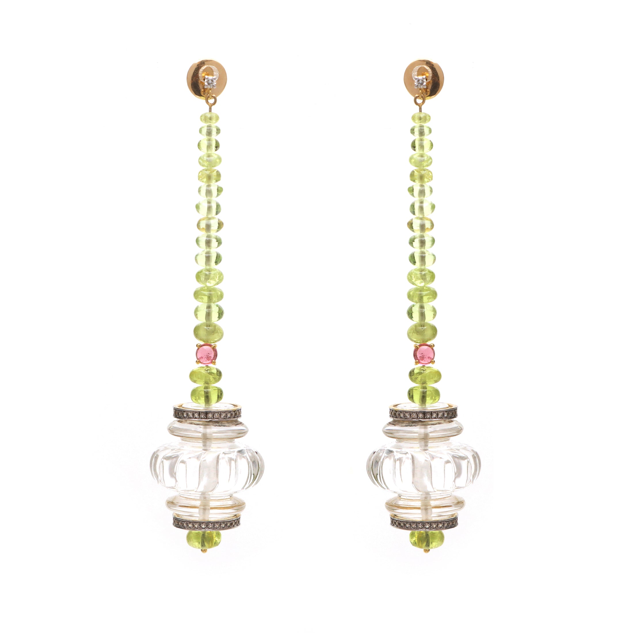 Natural Peridot Round Beads and Crystal Quartz Carving 14K gold earrings side angle - NFJSD-1242