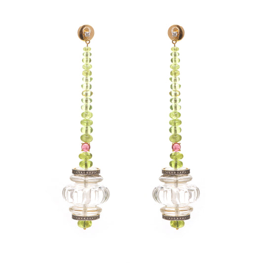 Natural Peridot Round Beads and Crystal Quartz Carving 14K gold earrings side angle - NFJSD-1242