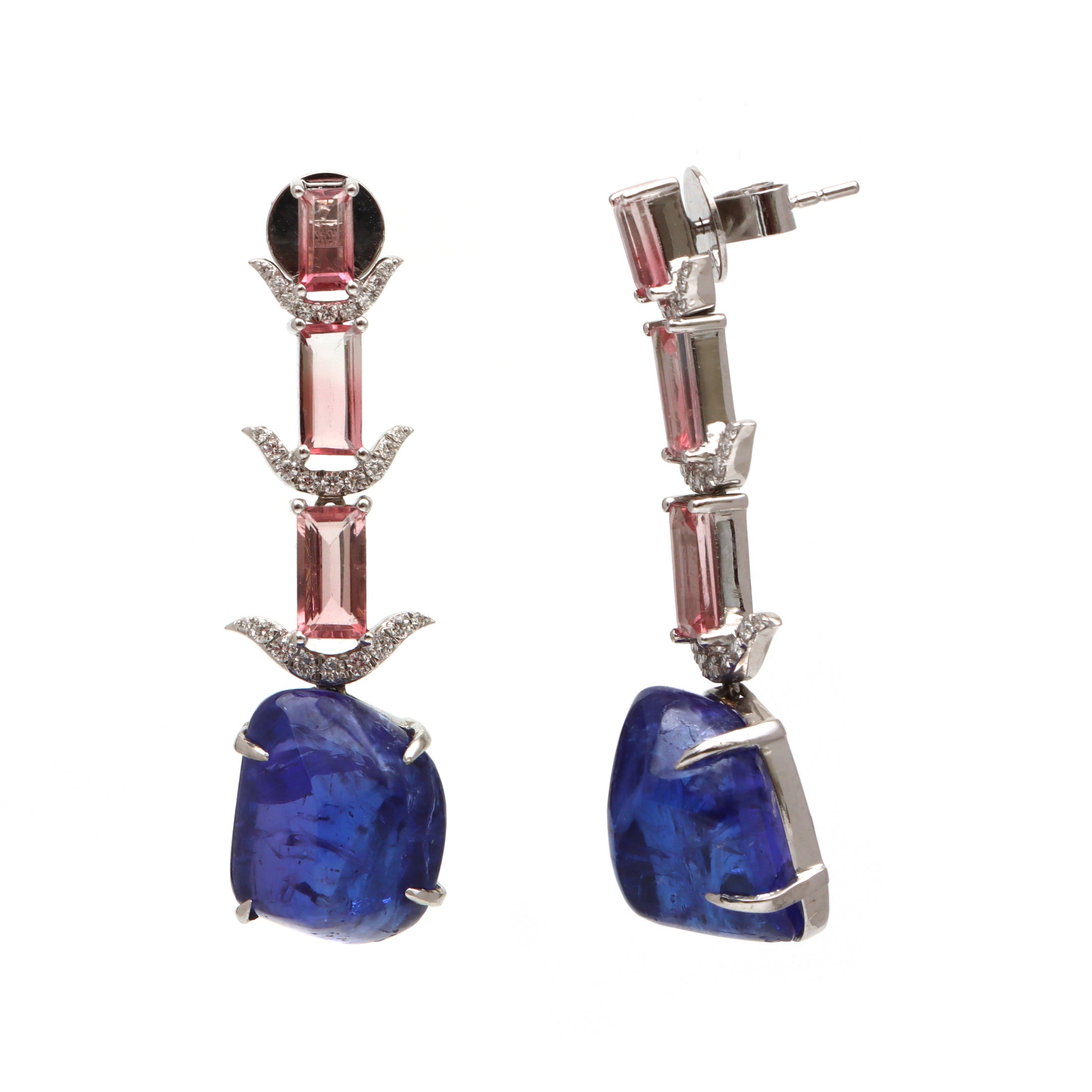 Natural Mix Tourmaline and Tanzanite 18K gold earrings close-up detail - NFJSD-1625