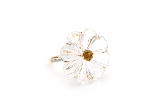 Natural Yellow Tourmaline Round Cut and Crystal Carving Flower 14K gold ring front view - NFJSD-1100