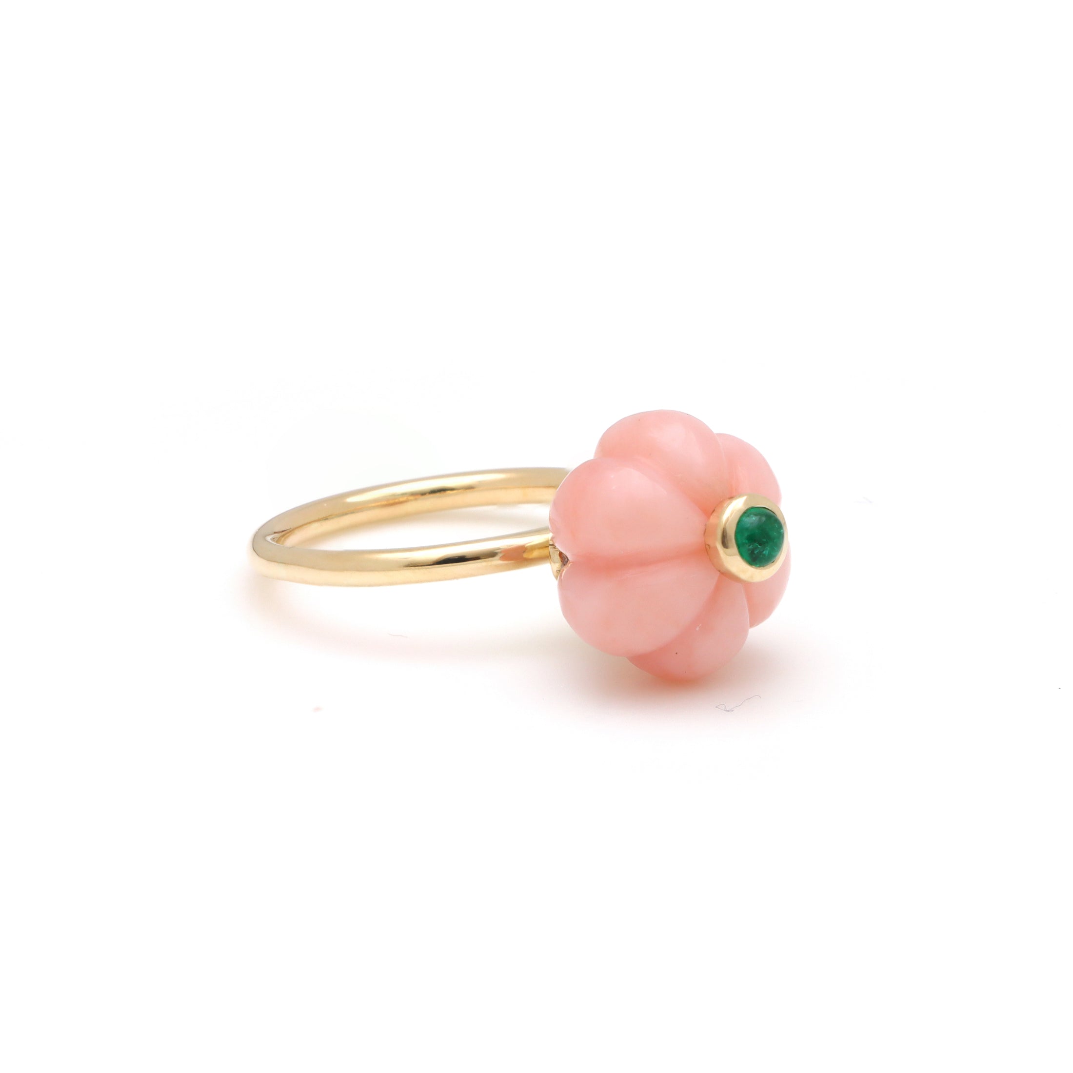 Natural Pink Opal Carving and Emerald 14K gold ring close-up detail - NFJSD-1754