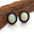 Load image into Gallery viewer, Natural Black Onyx Frame and Ethiopian Opal Oval Cabs 14K gold earrings top view - NFJSD-1306
