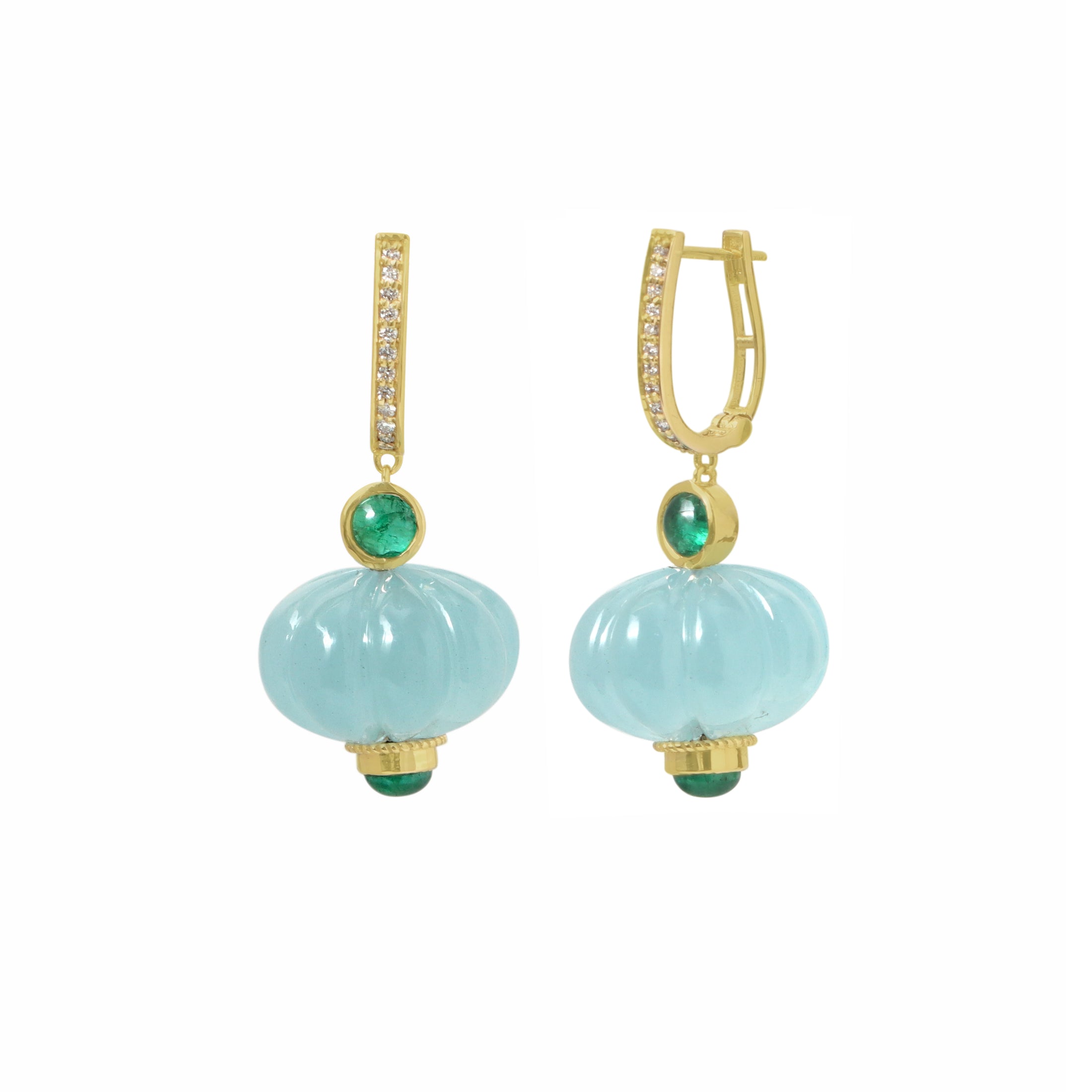 Natural Aquamarine and Emerald 14K gold earrings close-up detail - NFJSD-1919