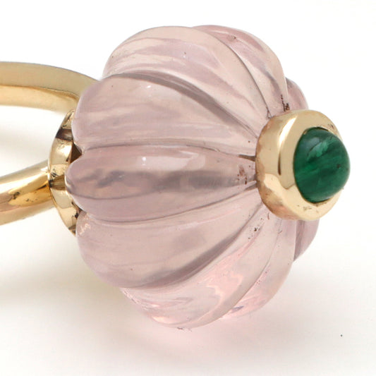 Natural Rose Quartz and Emerald 14K gold ring side angle - NFJSD-1685