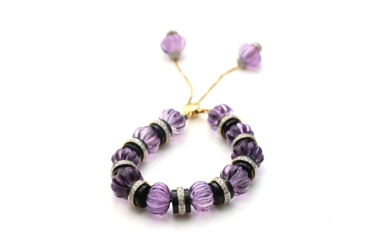 Natural Amethyst Carving Balls and Black Onyx Coin 14K gold bracelet front view - NFJSD-1120