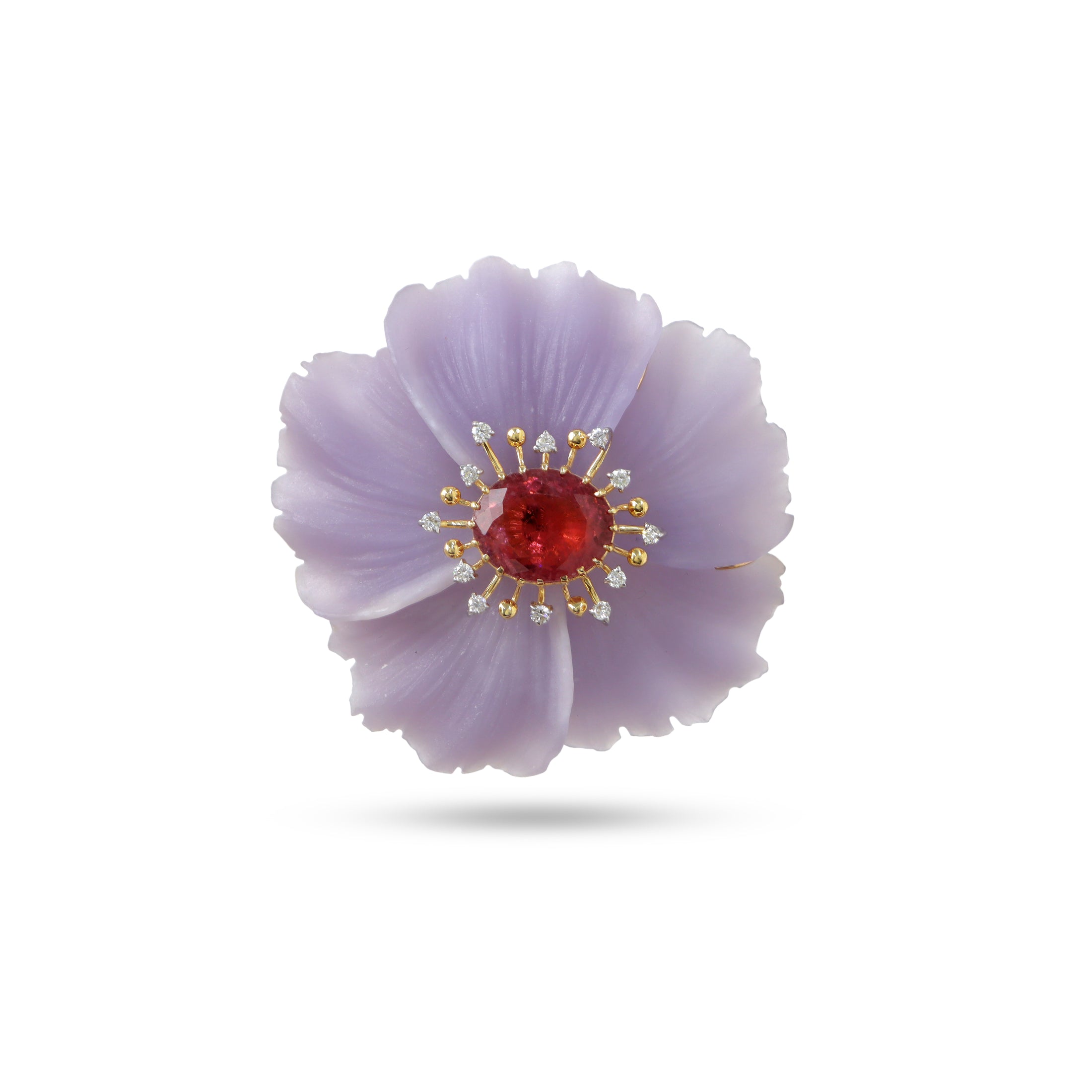 Natural Yttrium Fluorite Carving Flower and Pink Tourmaline 14K gold pendant / brooch front view - NFJSD-1934