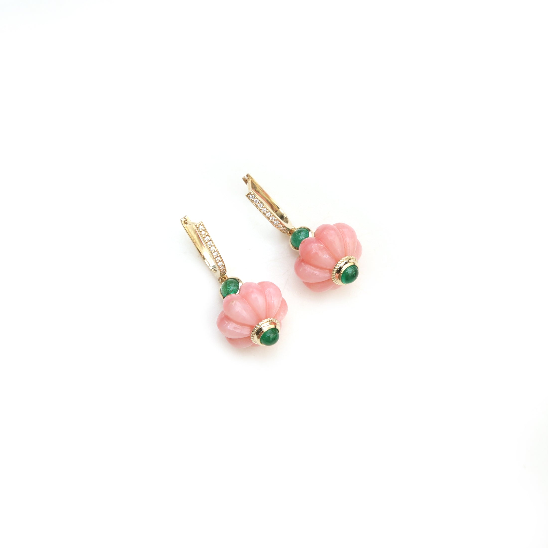 Natural Pink Opal and Emerald 14K gold earrings front view - NFJSD-2006