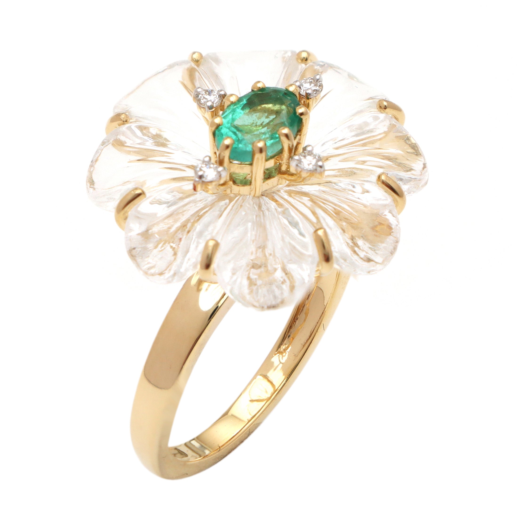 Natural Emerald Oval Cut and Crystal Carving Flower 14K gold ring close-up detail - NFJSD-1172