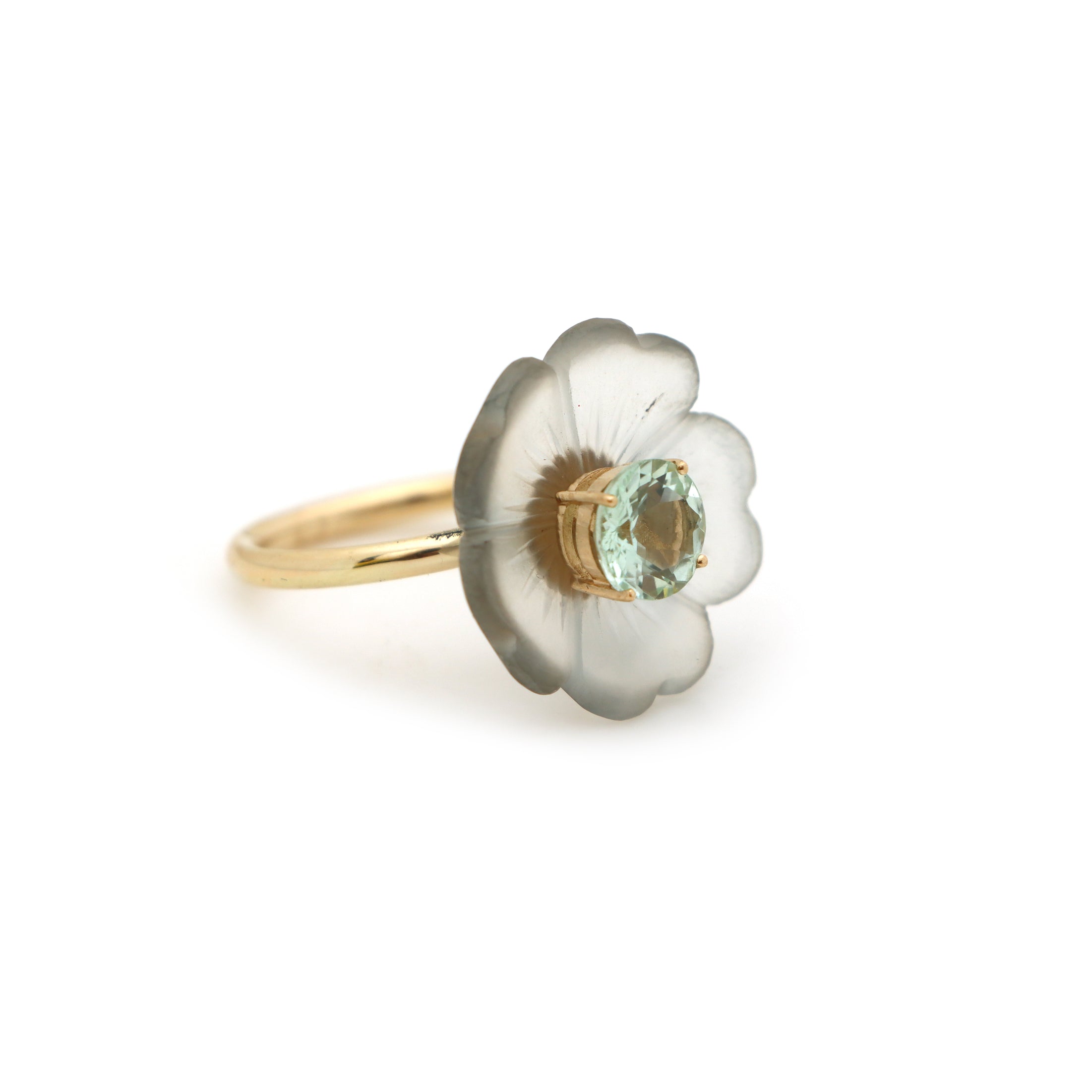 Natural Crystal Carving and Aquamarine 14K gold ring front view - NFJSD-1586