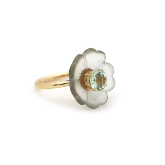 Natural Crystal Carving and Aquamarine 14K gold ring front view - NFJSD-1586