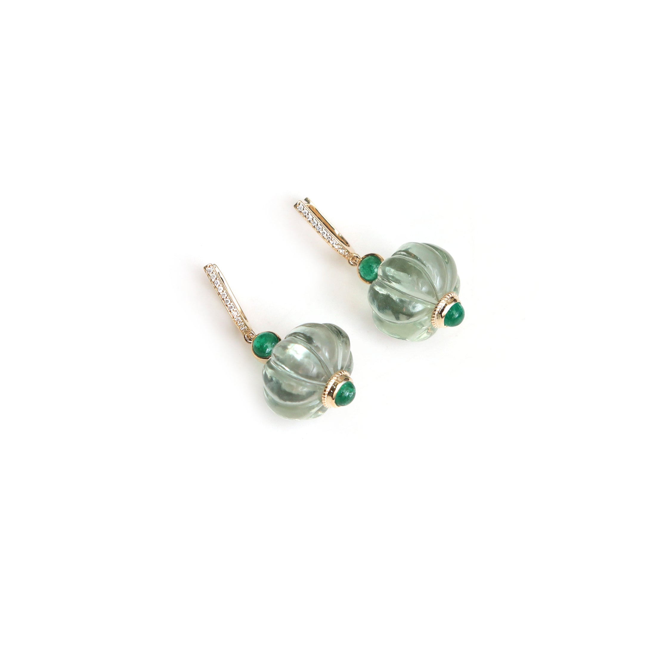 Natural Green Amethyst and Emerald 14K gold earrings front view - NFJSD-2039