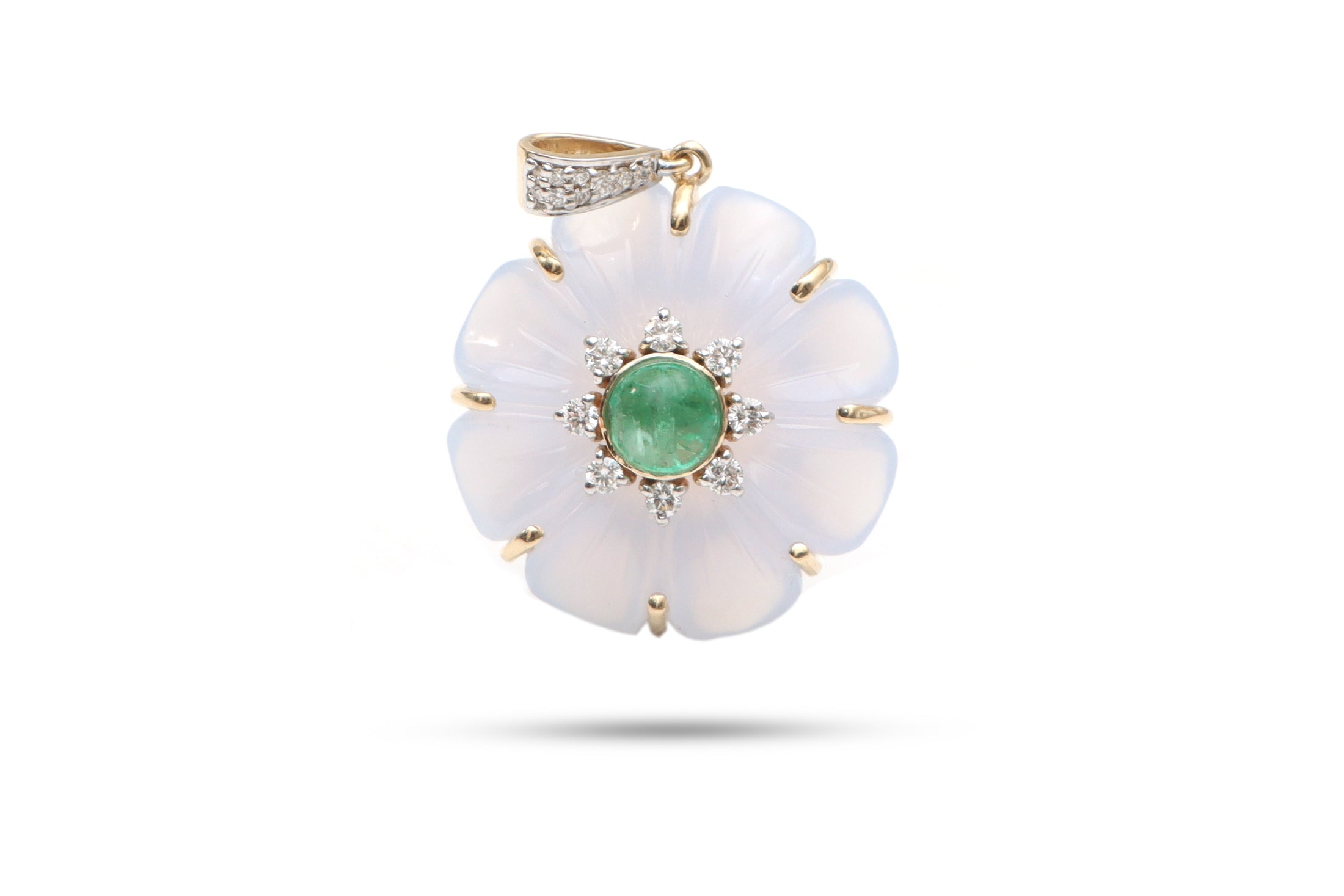 Natural Emerald Round Cabs and Blue Chalcedony Flower 14K gold pendant front view - NFJSD-1054