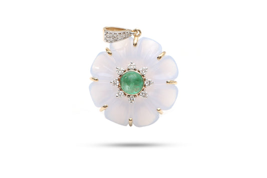 Natural Emerald Round Cabs and Blue Chalcedony Flower 14K gold pendant front view - NFJSD-1054