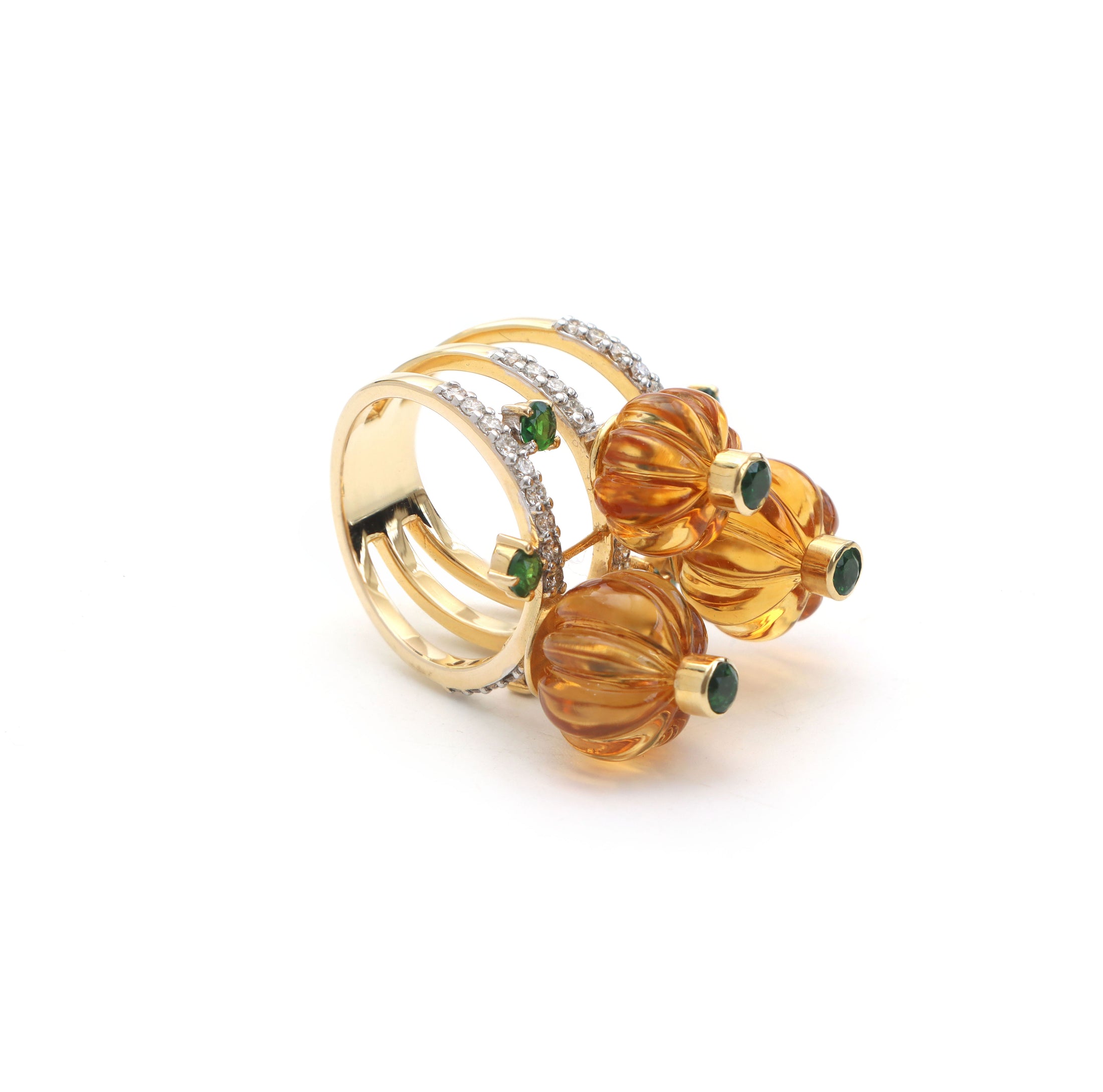 Natural Citrine CArving Balls and Green Tourmaline 14K gold ring side angle - NFJSD-1034