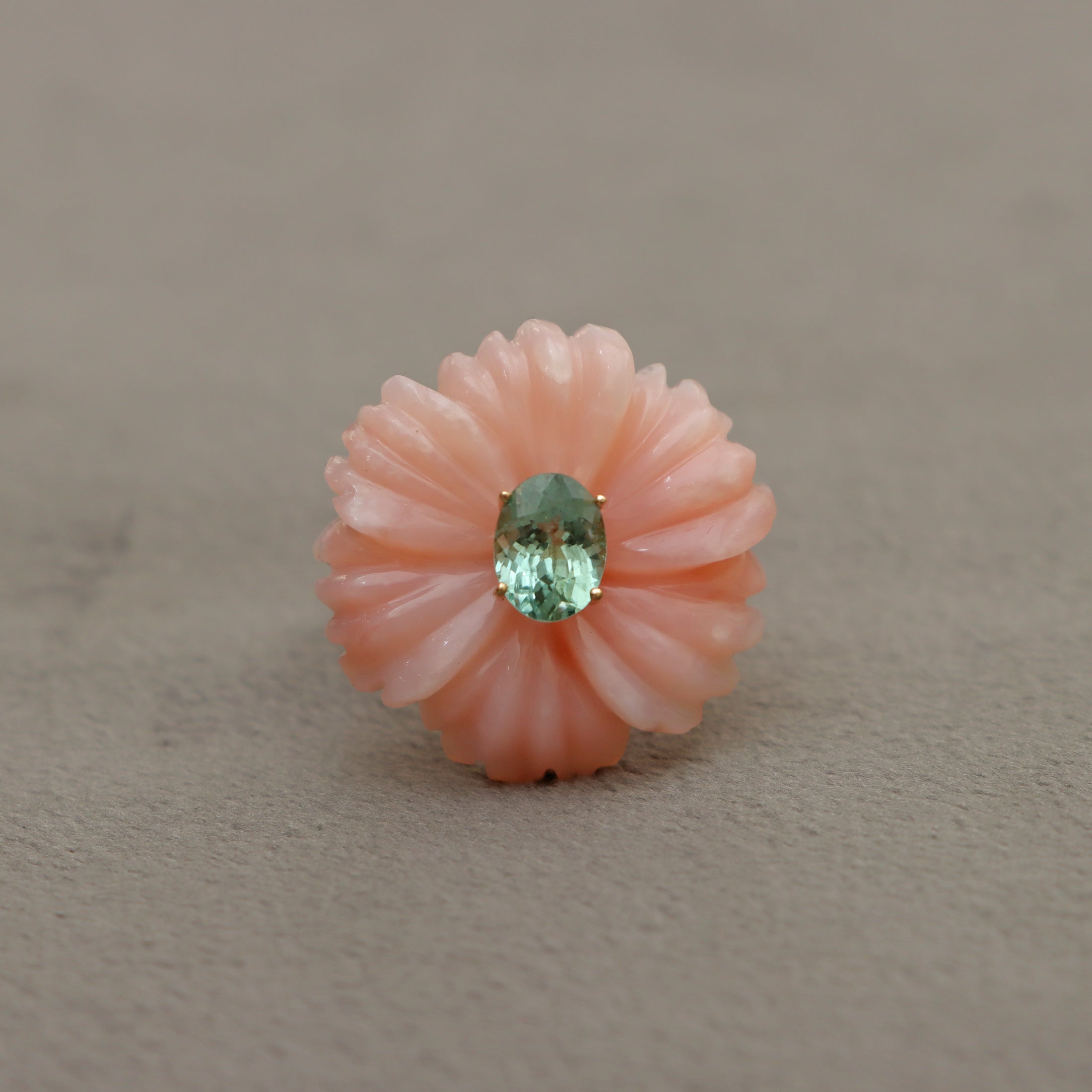 Natural Pink Opal and Tourmaline Oval 14K gold ring close-up detail - NFJSD-1567
