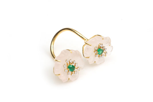 Natural Crystal Carving and Emerald 14K gold ring front view - NFJSD-1367