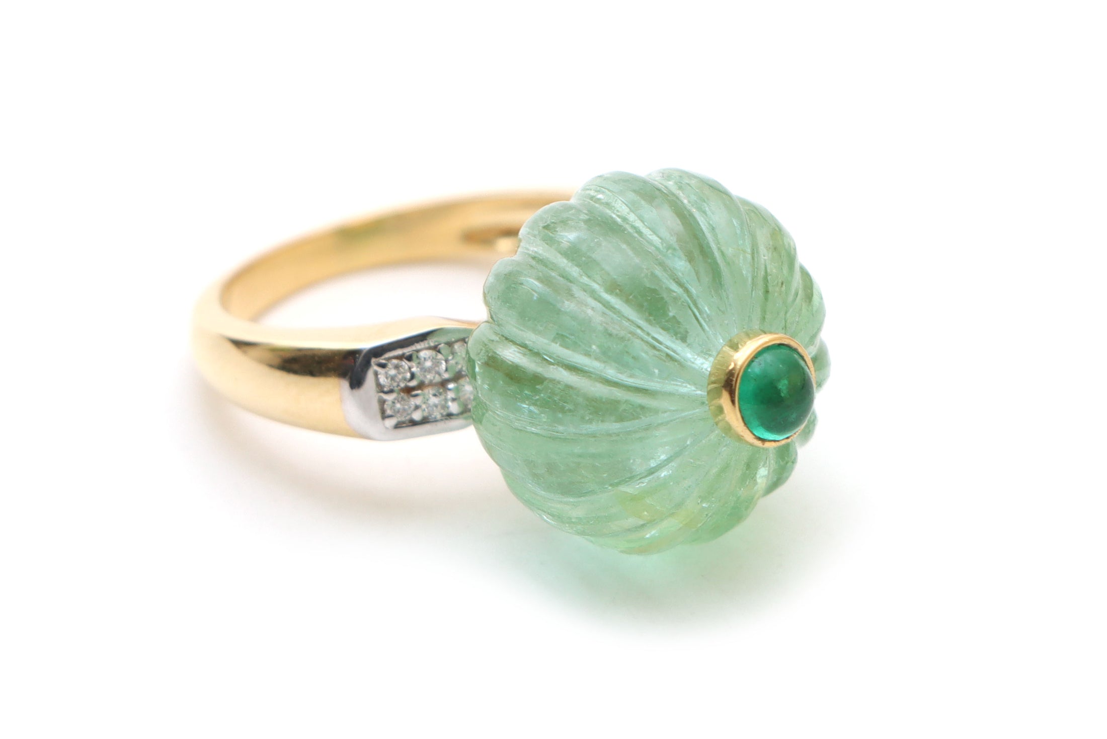 Natural Tourmaline Carving and Emerald Round Cabs 14K gold ring front view - NFJSD-1013