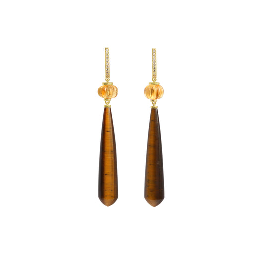 Natural Tiger Eye and Citrine 14K gold earrings front view - NFJSD-2017