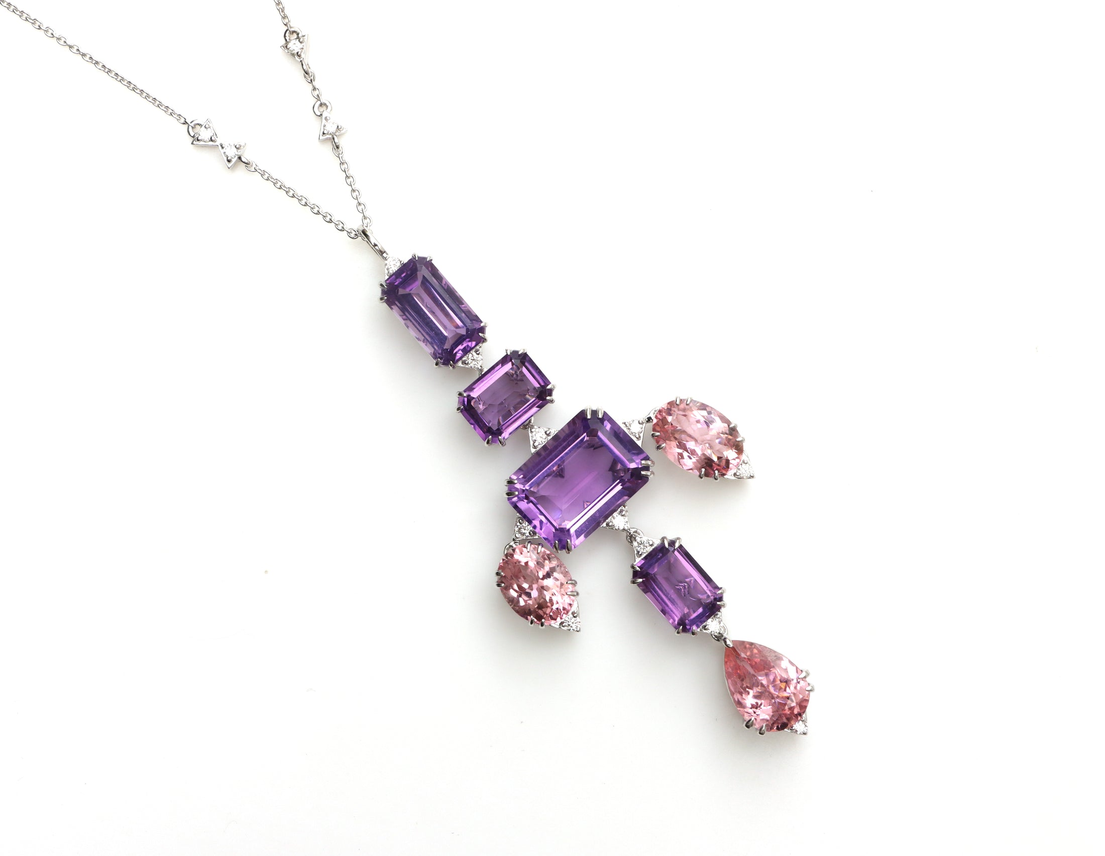 Natural Amethyst and Tourmaline 18K gold necklace front view - NFJSD-1674