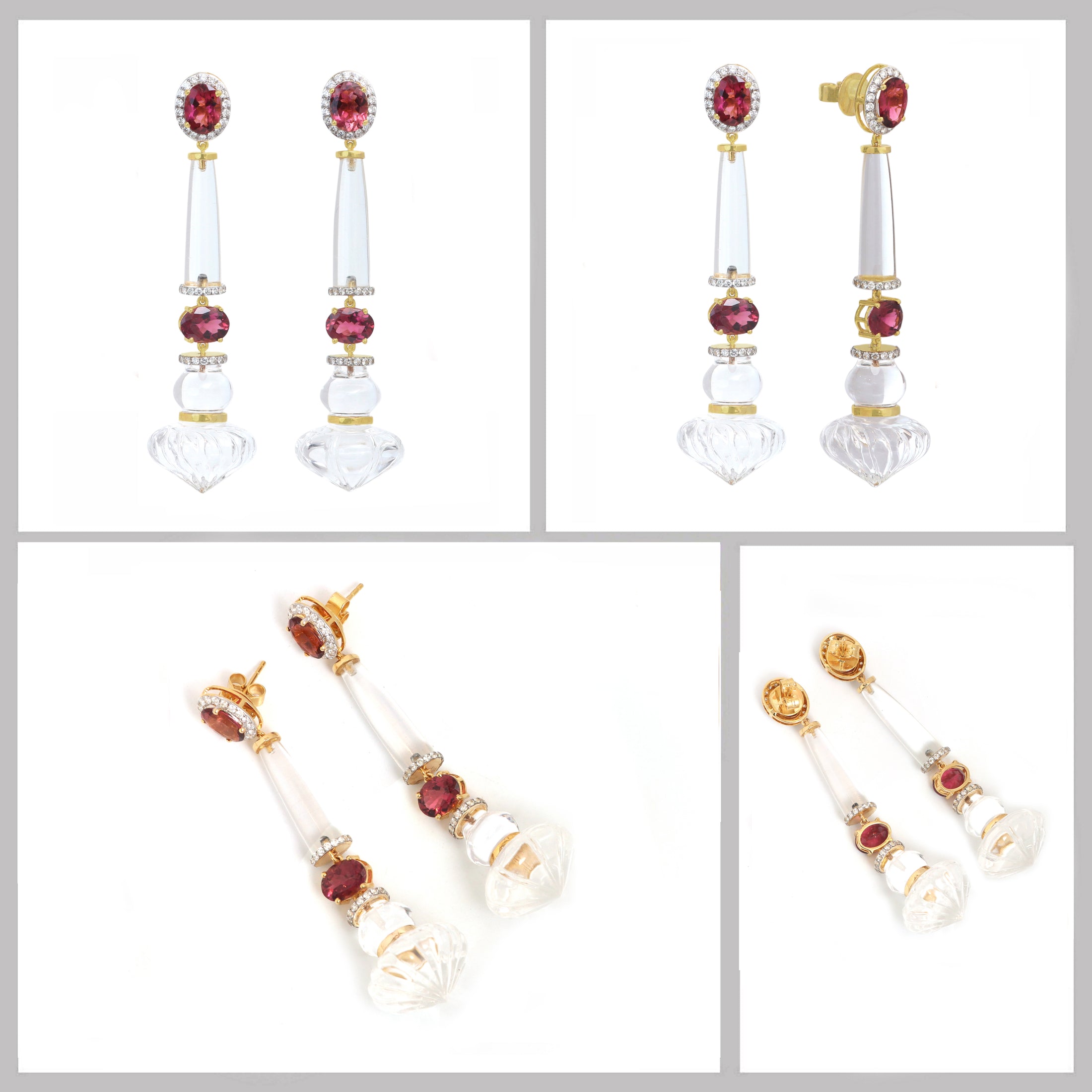 Natural Crystal and Tourmaline 14K gold earrings top view - NFJSD-1829