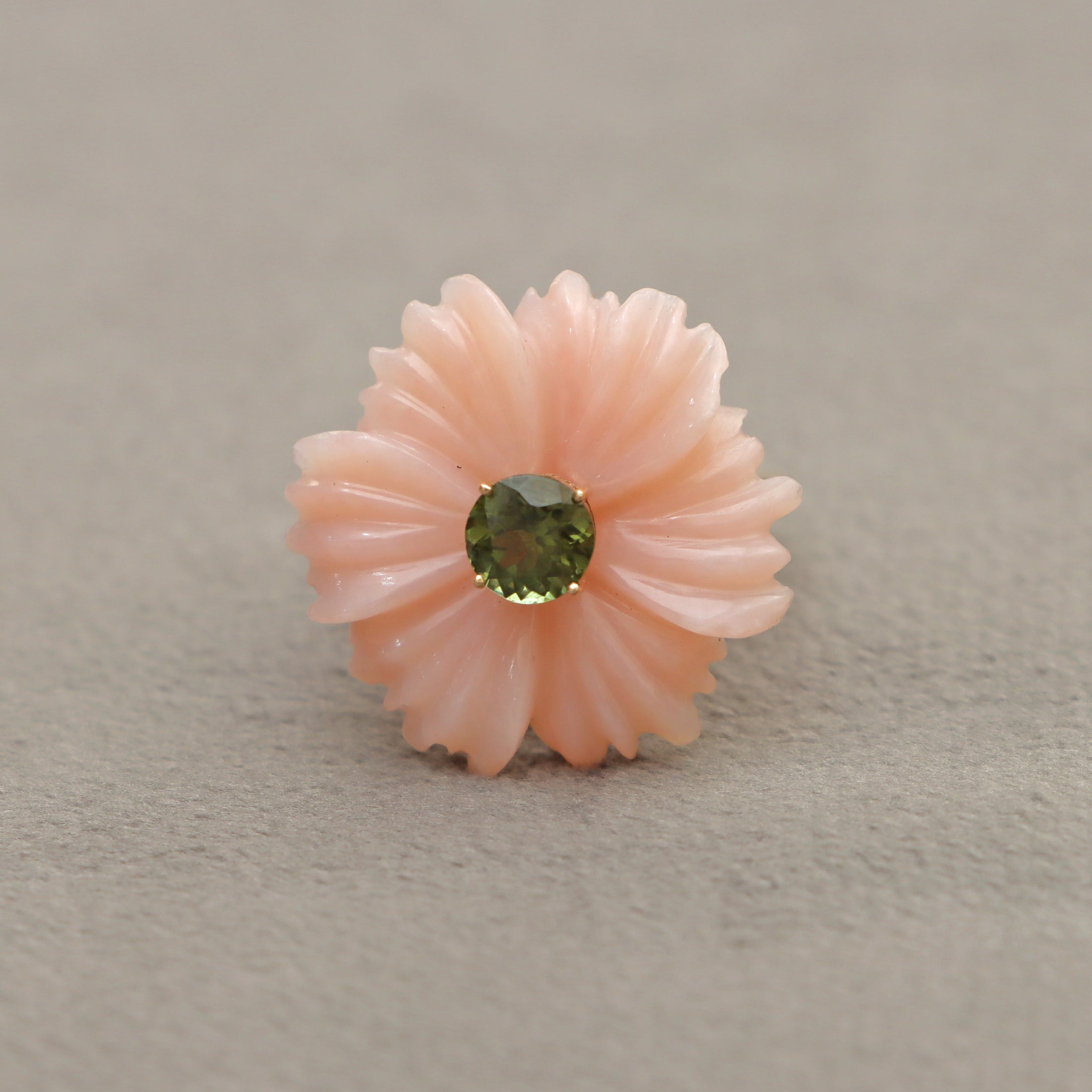 Natural Pink Opal and Green Tourmaline 14K gold ring top view - NFJSD-1569