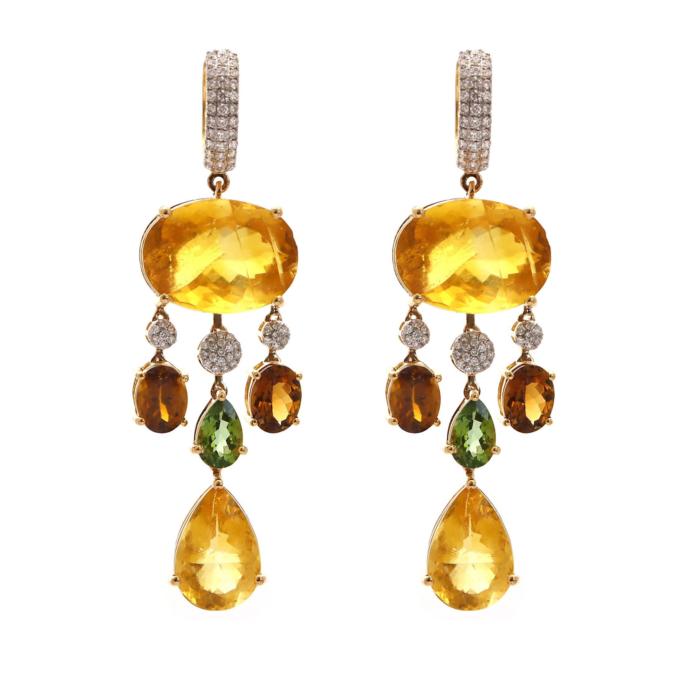 Natural Tourmaline and Yellow Fluorite 18K gold earrings top view - NFJSD-1581