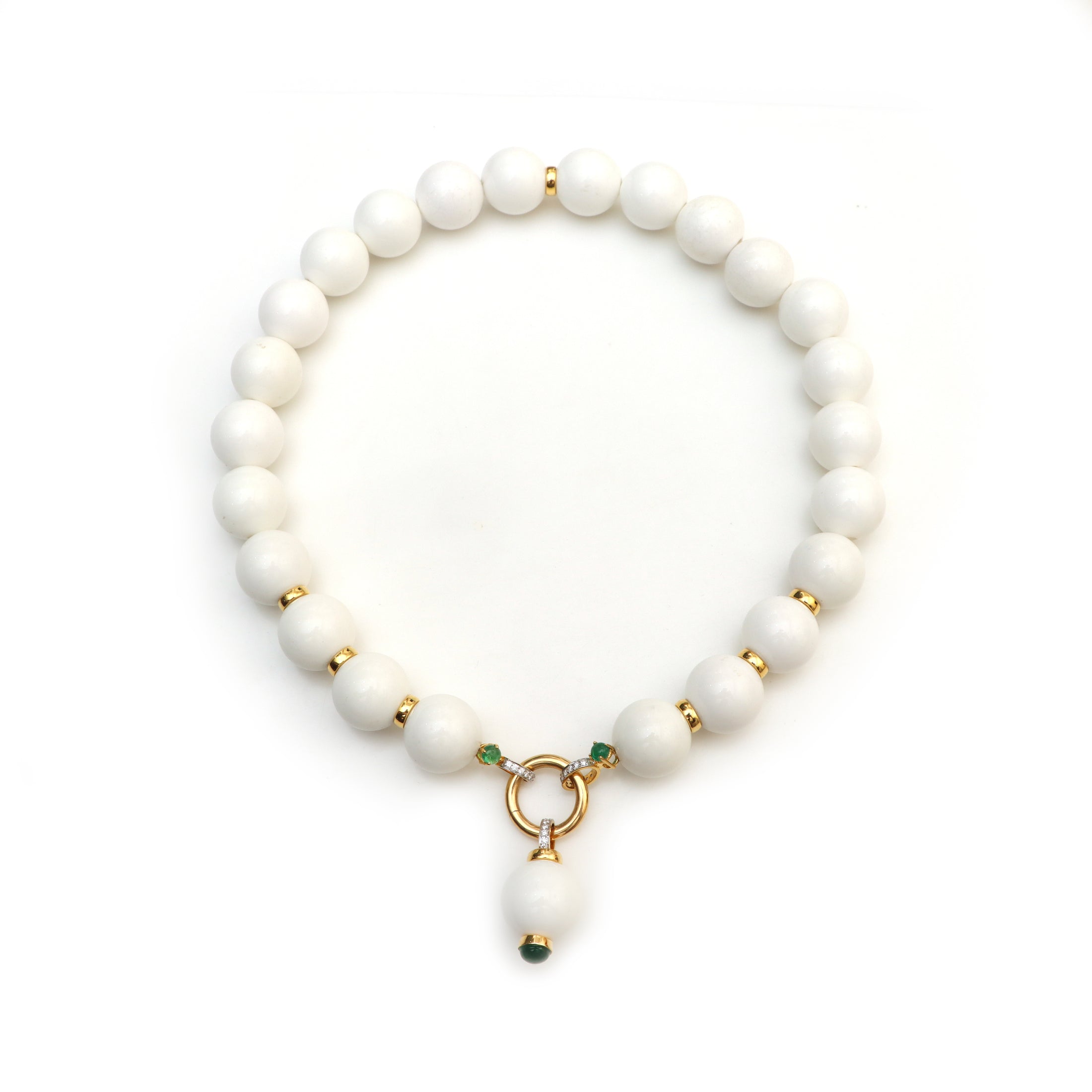 Natural White Agate Smooth Balls and Emerald Round Cabs 18K gold necklace front view - NFJSD-1412