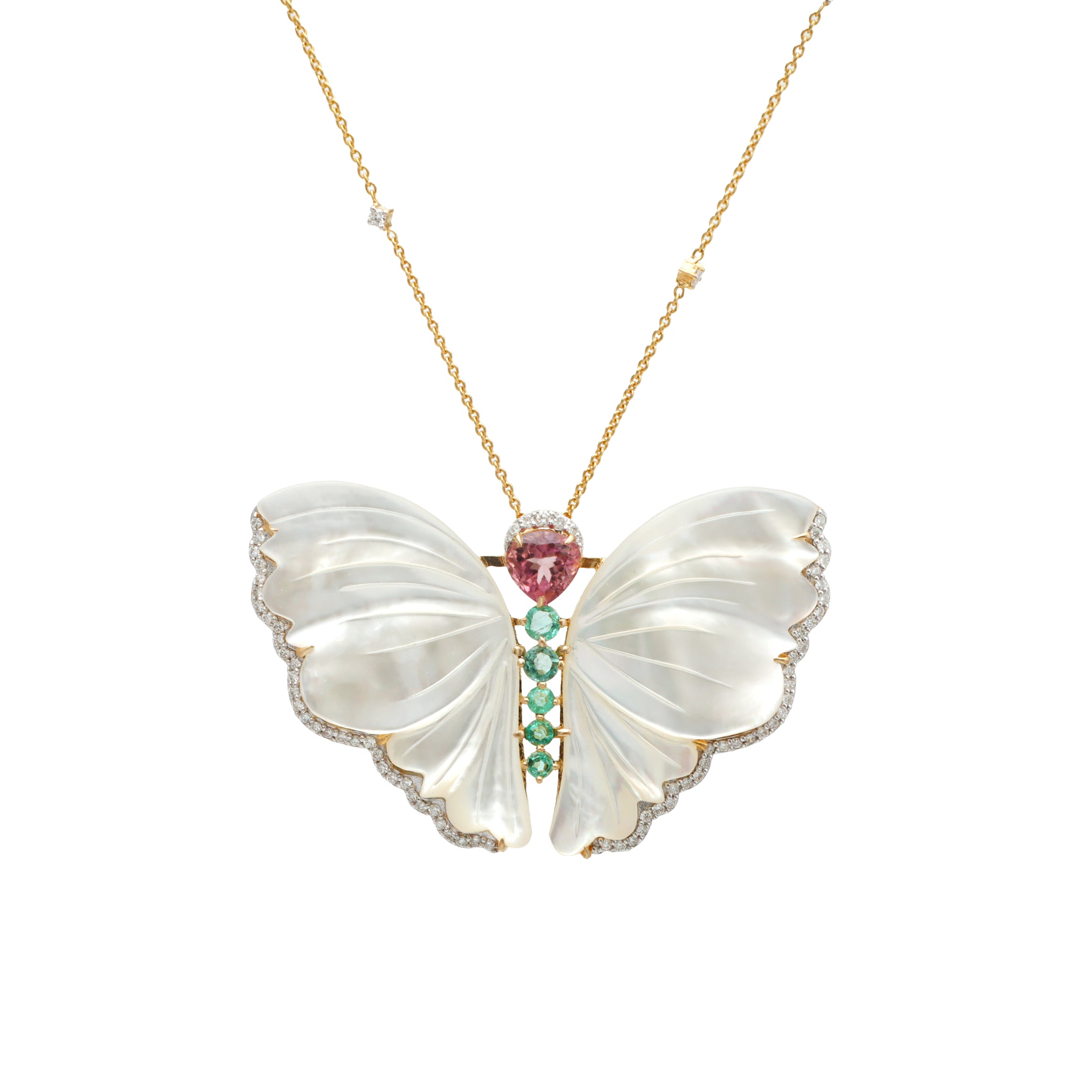 Natural MOP Carving and Tourmaline 18K gold necklace front view - NFJSD-1743