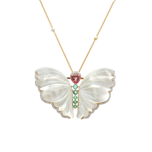 Natural MOP Carving and Tourmaline 18K gold necklace front view - NFJSD-1743