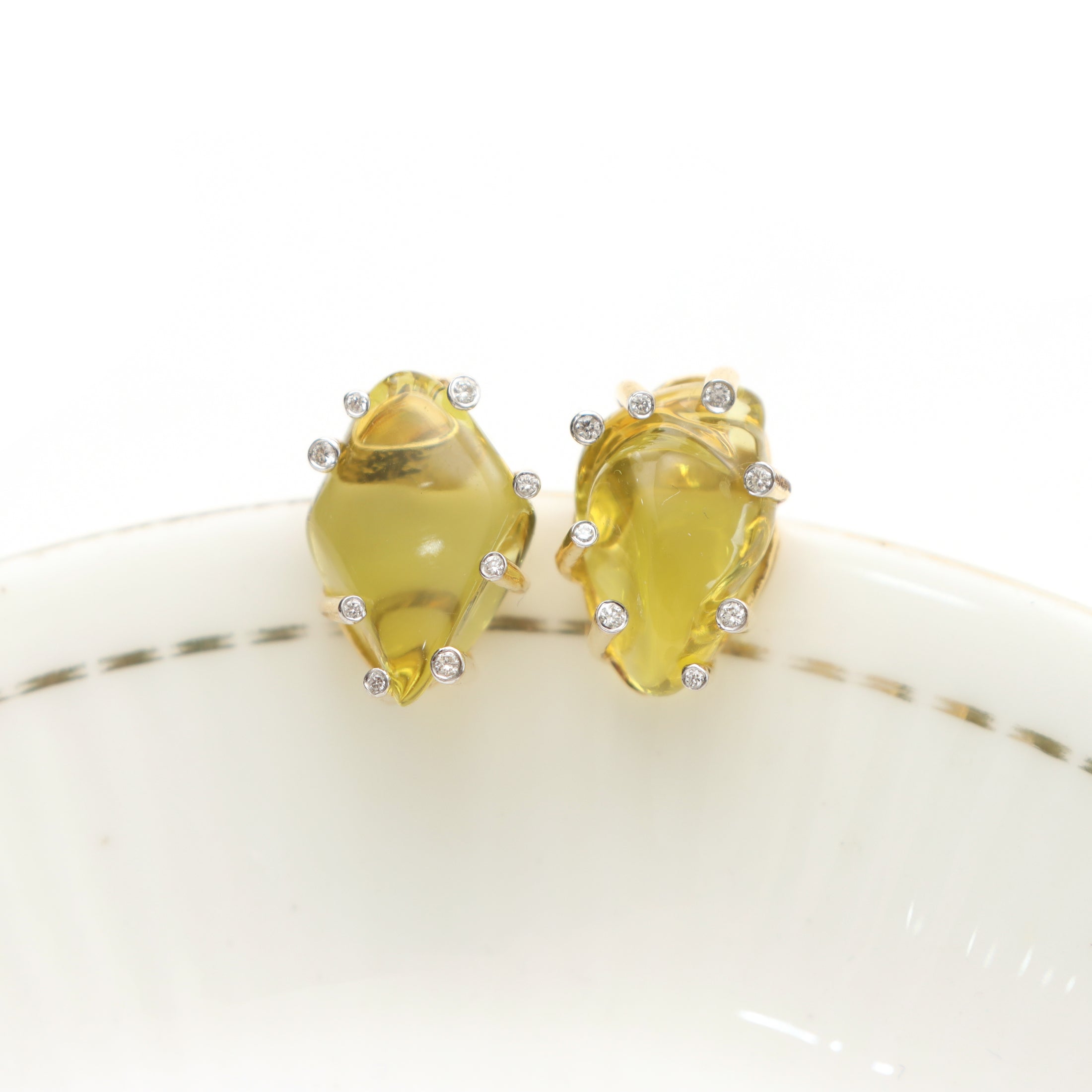 Natural Lemon Quartz Smooth Organic 14K gold earrings front view - NFJSD-1293