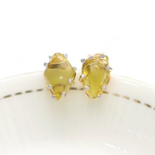 Natural Lemon Quartz Smooth Organic 14K gold earrings front view - NFJSD-1293