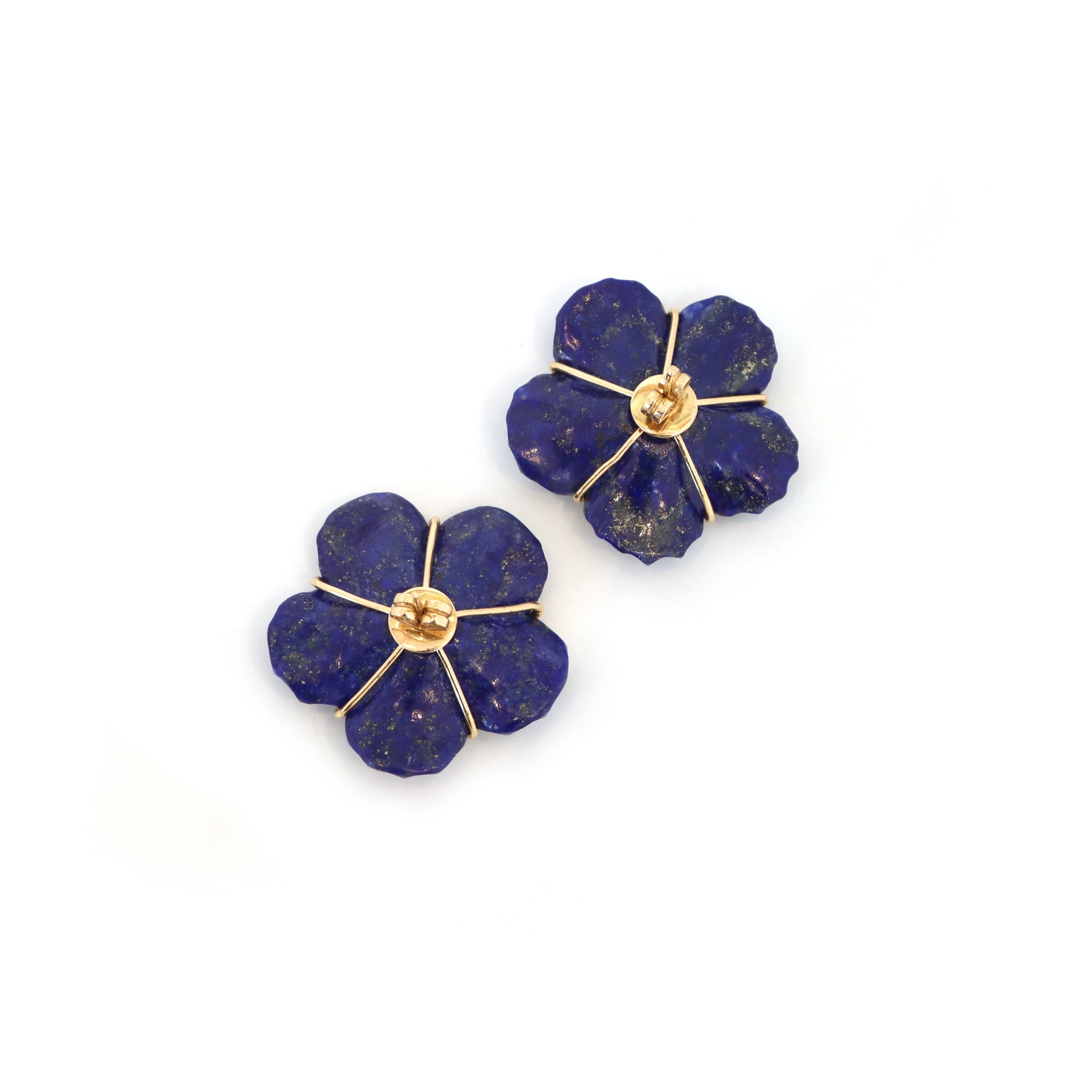 Natural Yellow Tourmaline and Lapis Carving Flower 14K gold earrings back view - NFJSD-1208