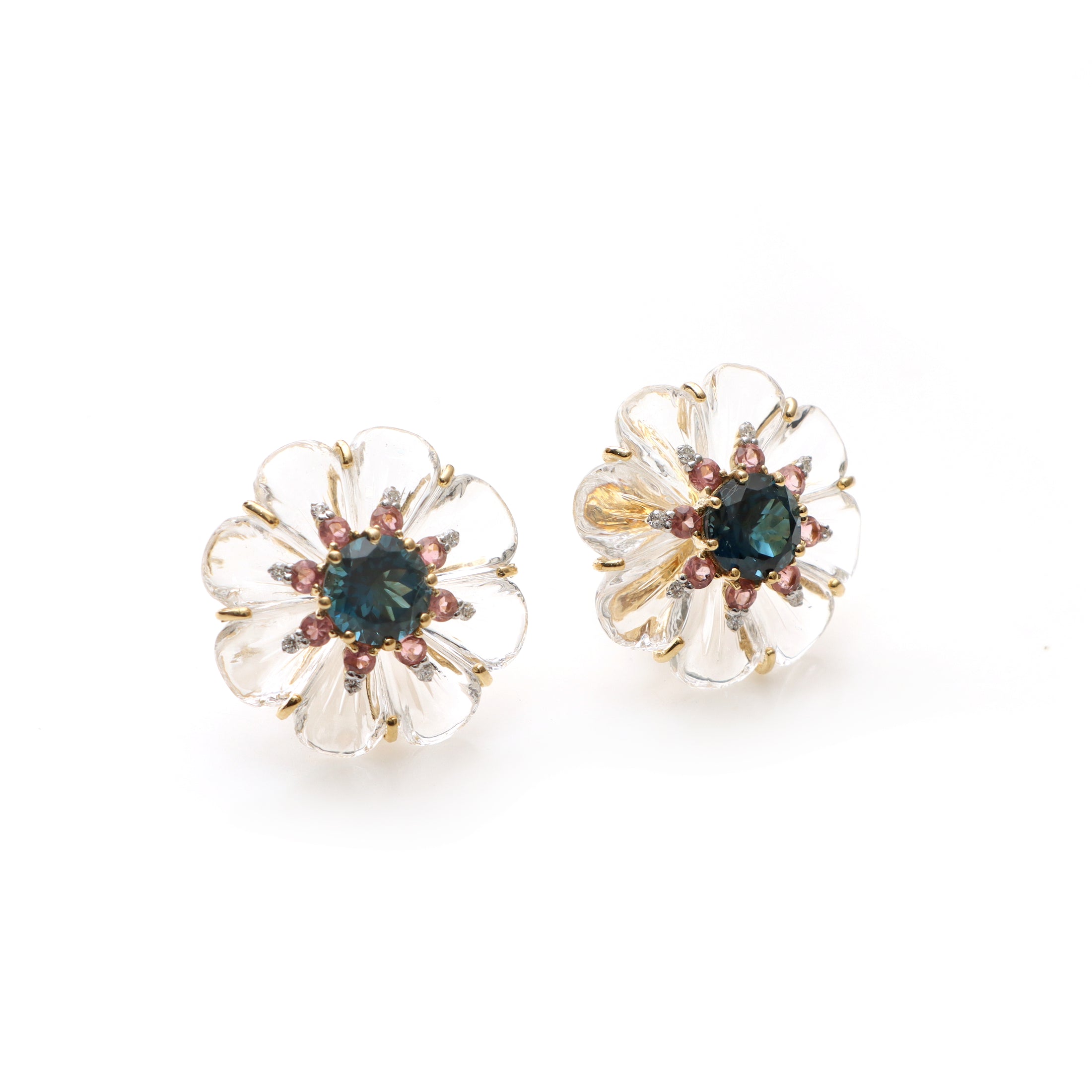 Natural London Blue Topaz Round Cut and Pink Tourmaline Round Cut 14K gold earrings front view - NFJSD-1323