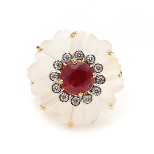 Natural Ruby Round Cut and Crystal Quartz Carving  Flower 14K gold ring side angle - NFJSD-1245