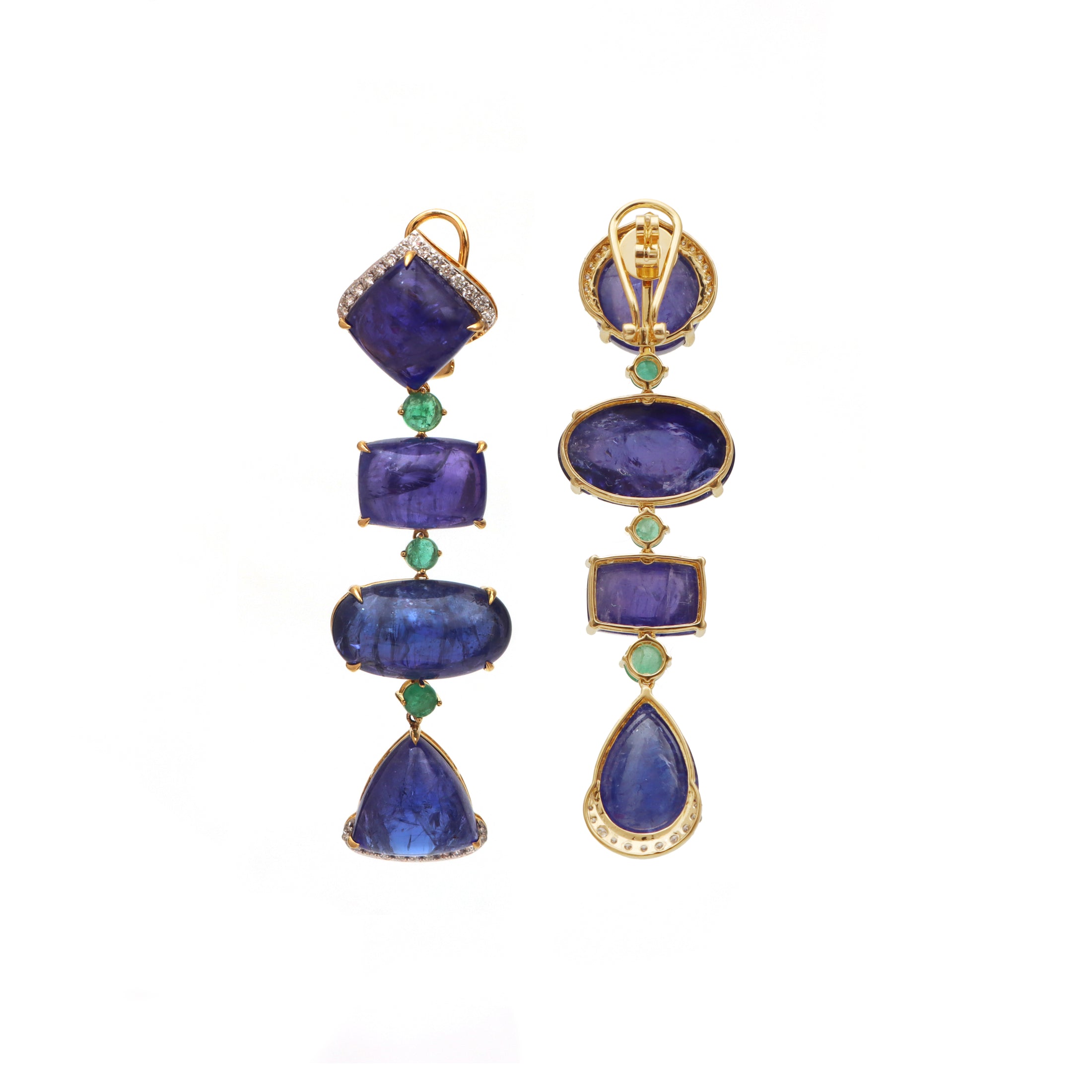 Natural Emerald and Tanzanite 18K gold earrings close-up detail - NFJSD-1460