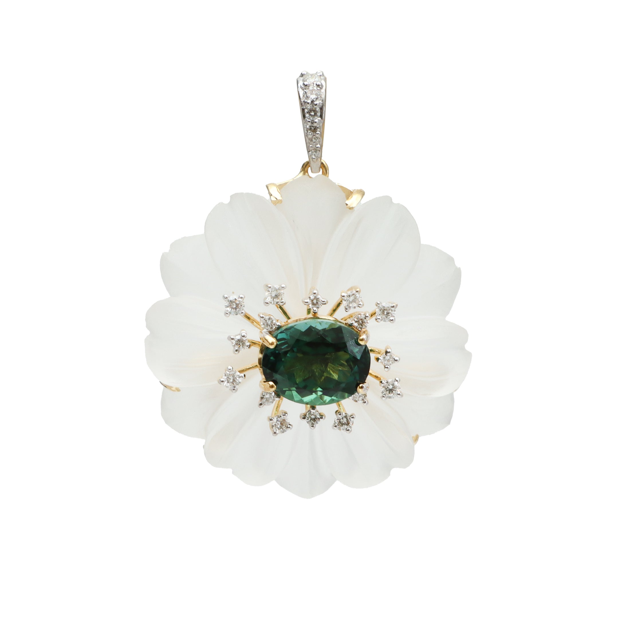 Natural Crystal Carving and Tourmaline 18K gold pendant back view - NFJSD-1718