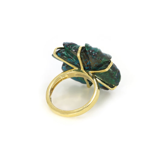 Natural Emerald Oval Cut and Chrysocolla Carving Flower 14K gold ring side angle - NFJSD-1267