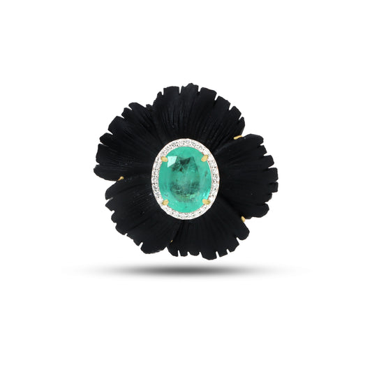 Natural Black Onyx and Emerald 18K gold pendant front view - NFJSD-1852
