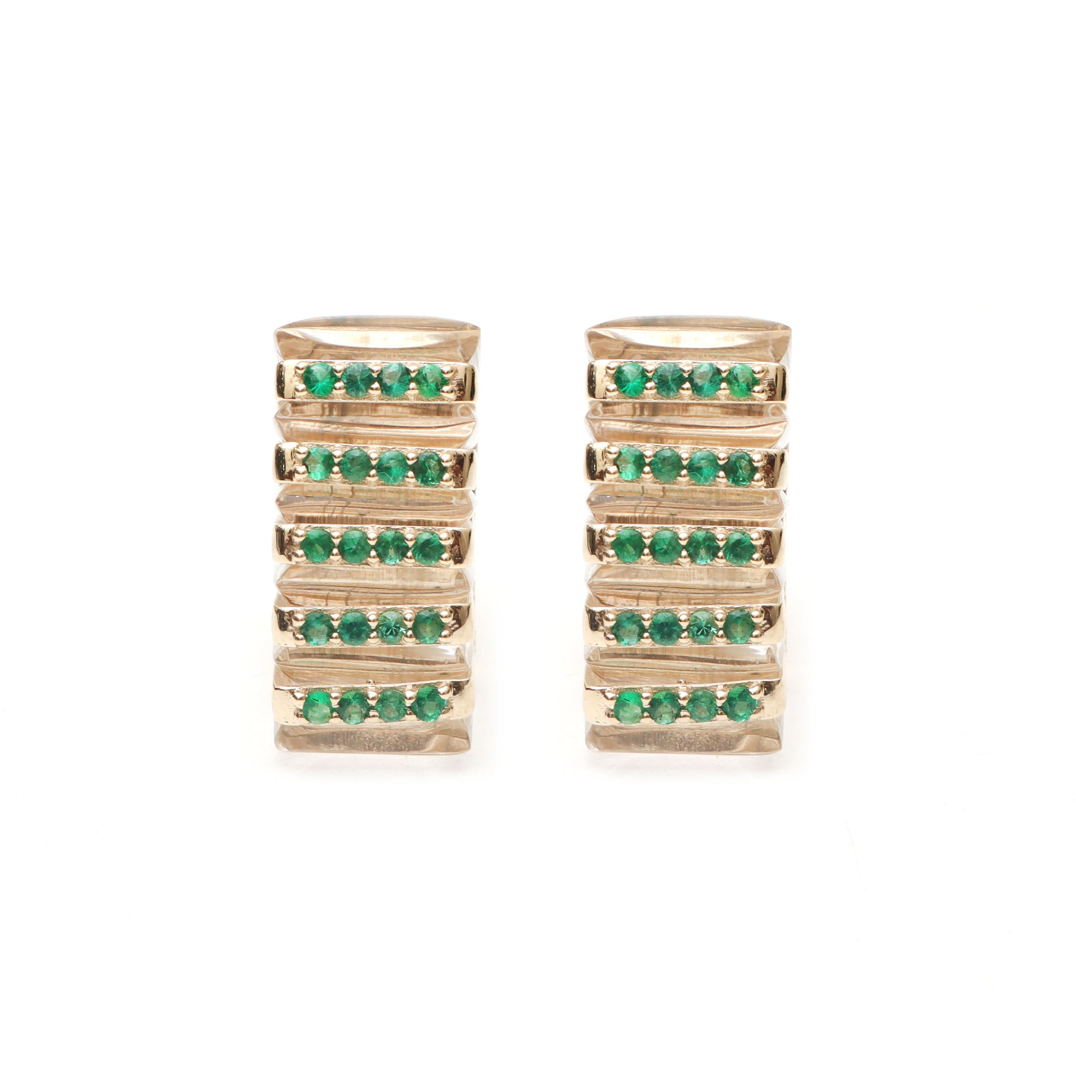 Natural Emerald Round Cuts and Crystal Quartz Fancy Carving 14K gold earrings back view - NFJSD-1061