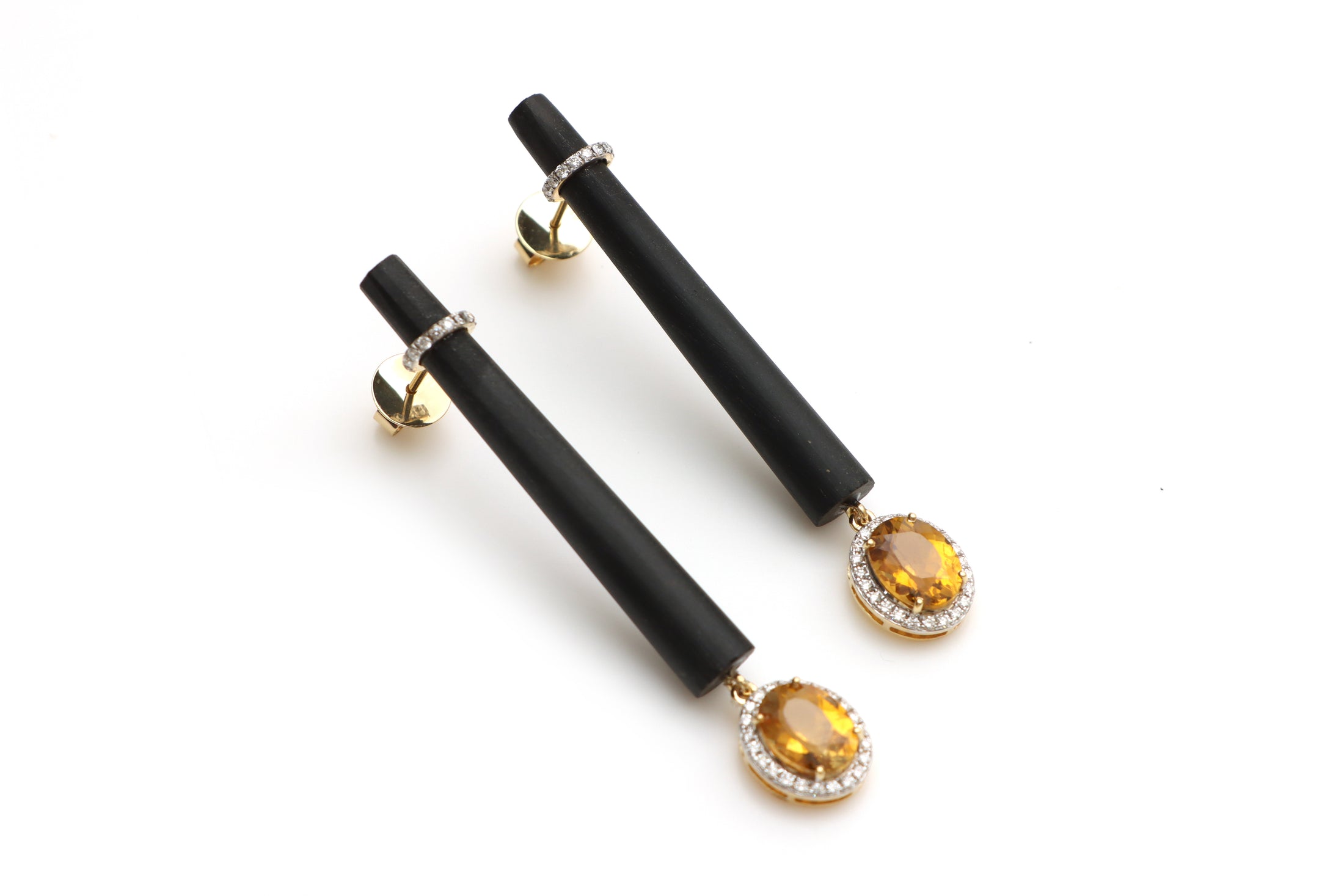 Natural Yellow Tourmaline Oval Cut and Black Onyx Smooth Tube 14K gold earrings front view - NFJSD-1092