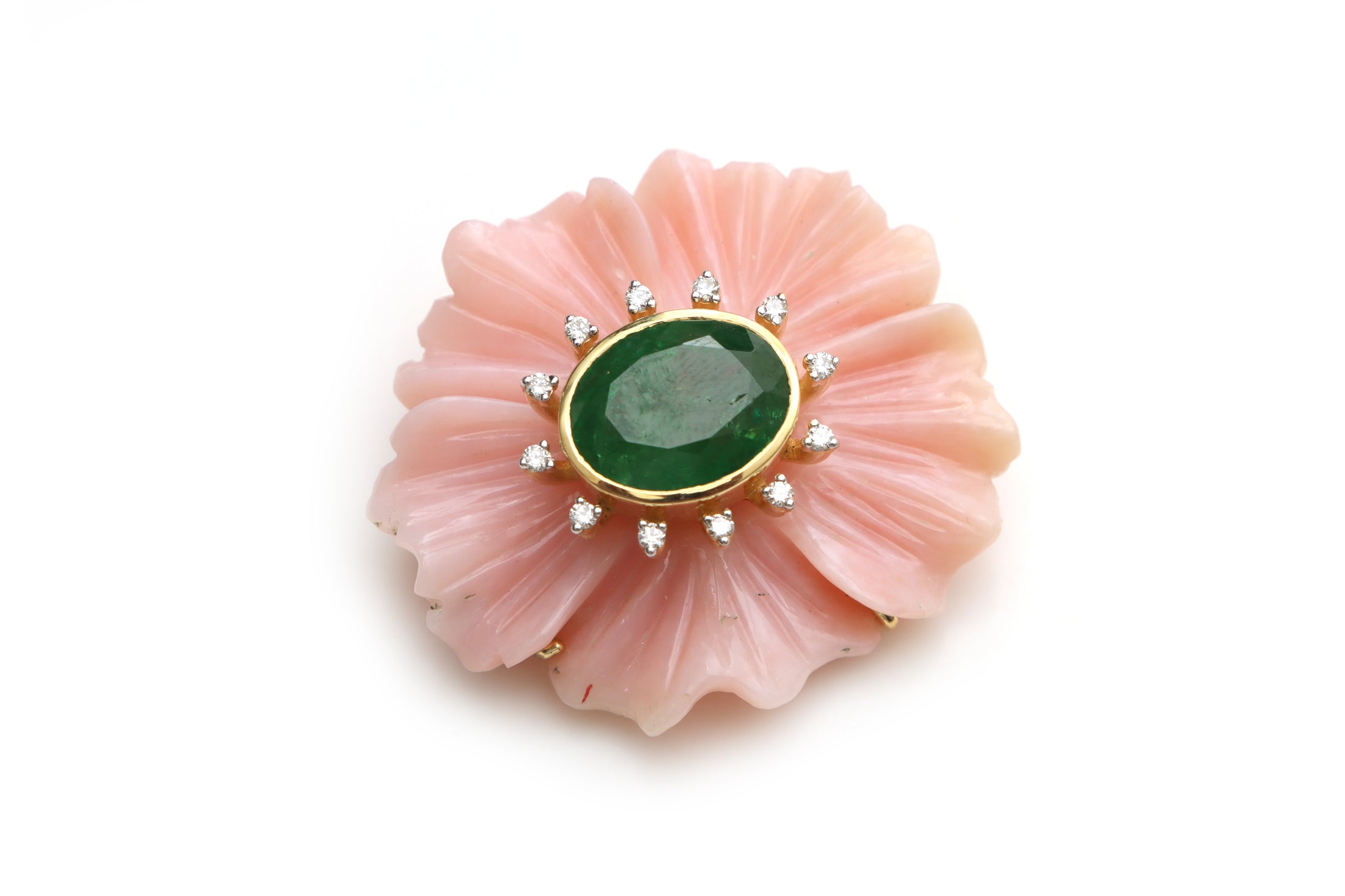 Natural Emerald Oval Cut and Pink Opal Carving Flower 14K gold pendant front view - NFJSD-1327