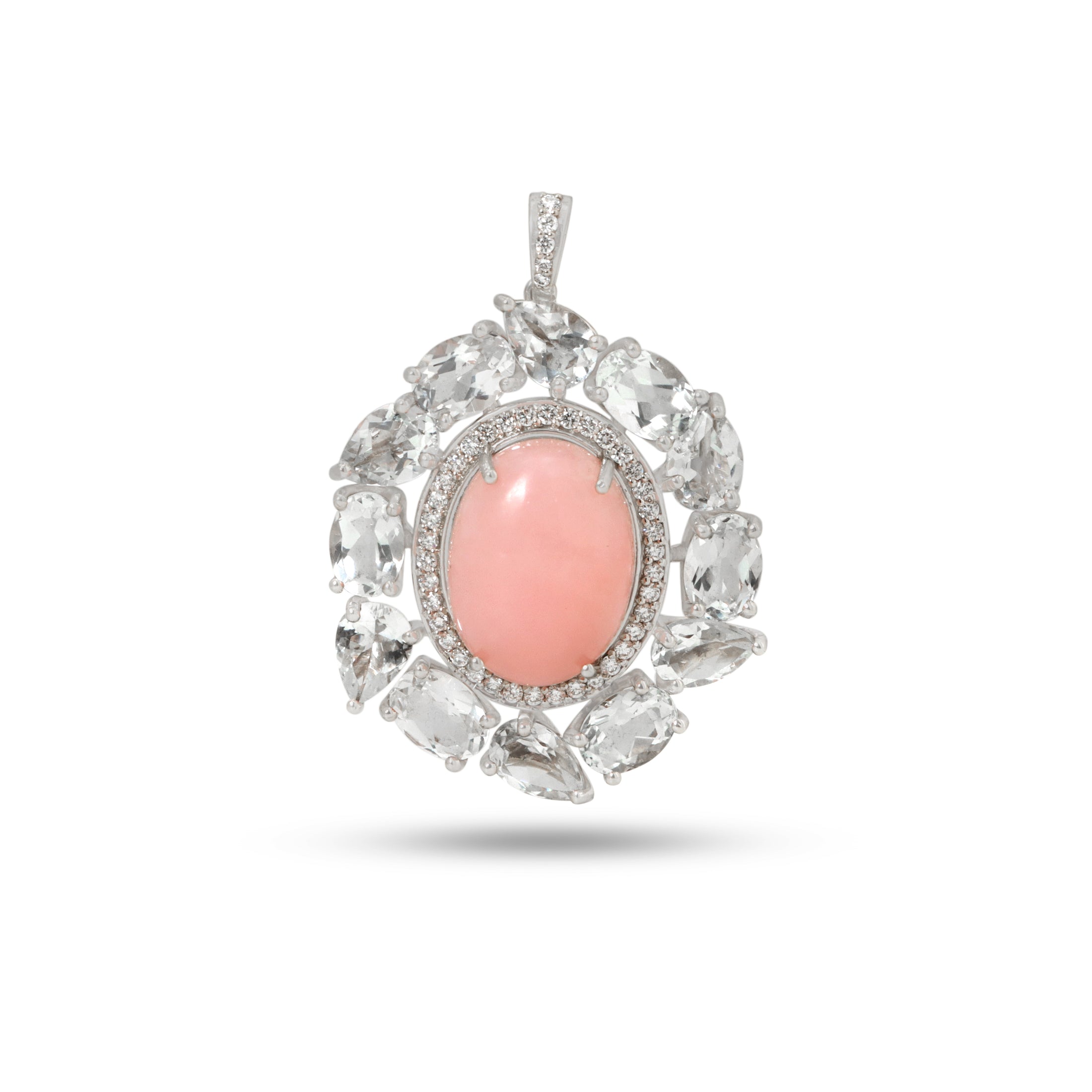 Natural Pink Opal and White Aquamarine 14K gold pendant front view - NFJSD-1916