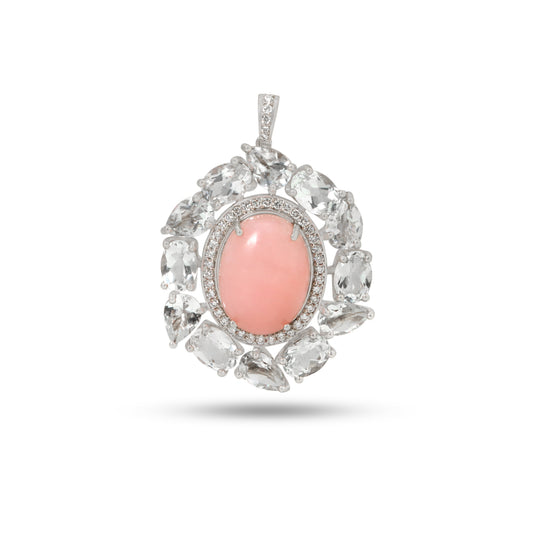 Natural Pink Opal and White Aquamarine 14K gold pendant front view - NFJSD-1916