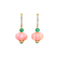 Load image into Gallery viewer, Natural Pink Opal and Emerald 18K gold earrings close-up detail - NFJSD-1781
