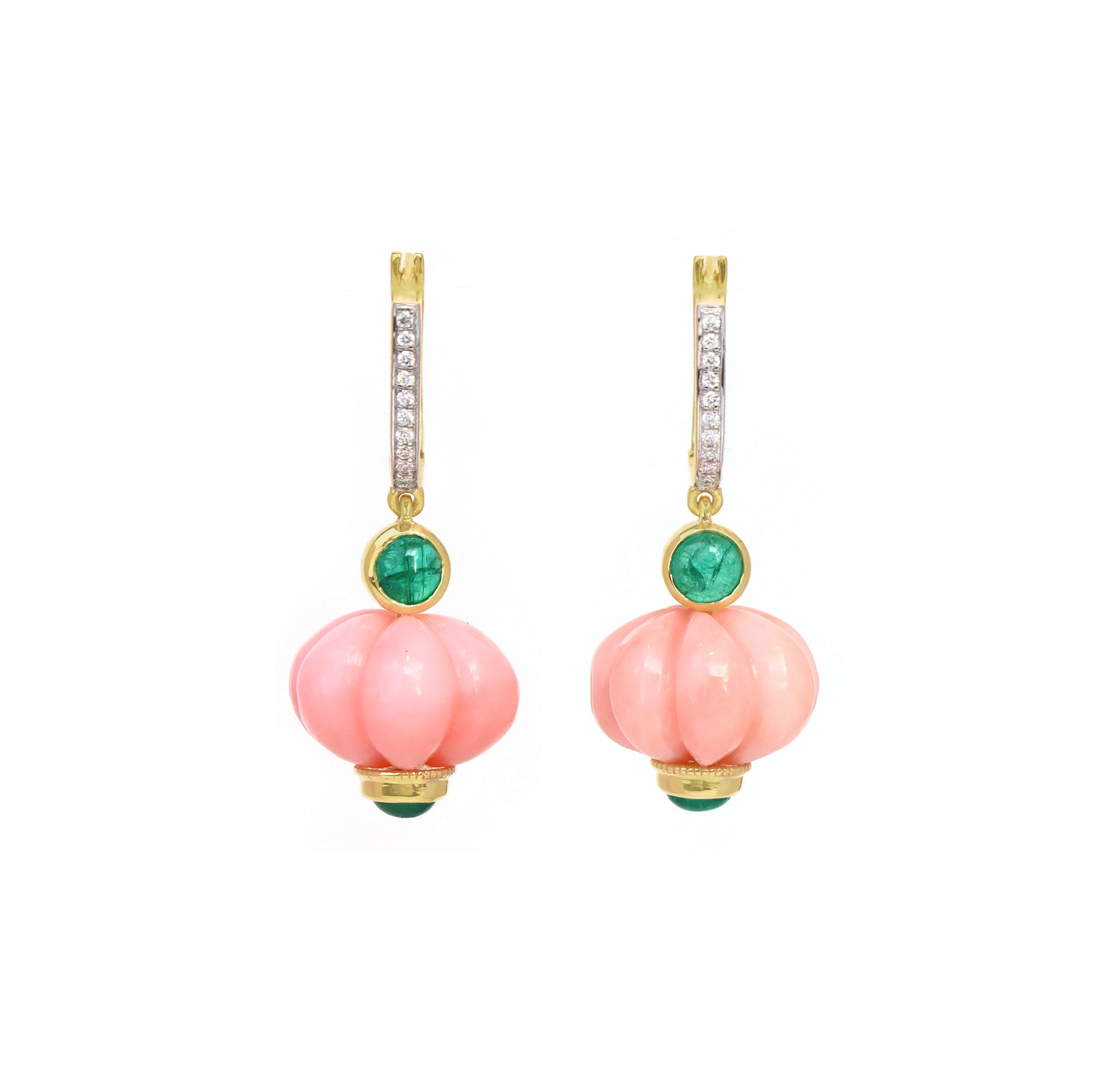 Natural Pink Opal and Emerald 18K gold earrings close-up detail - NFJSD-1781