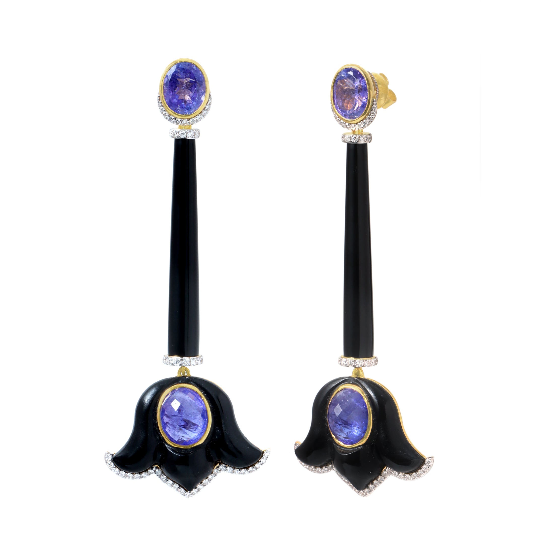 Natural Black Onyx and Tanzanite 18K gold earrings back view - NFJSD-1834