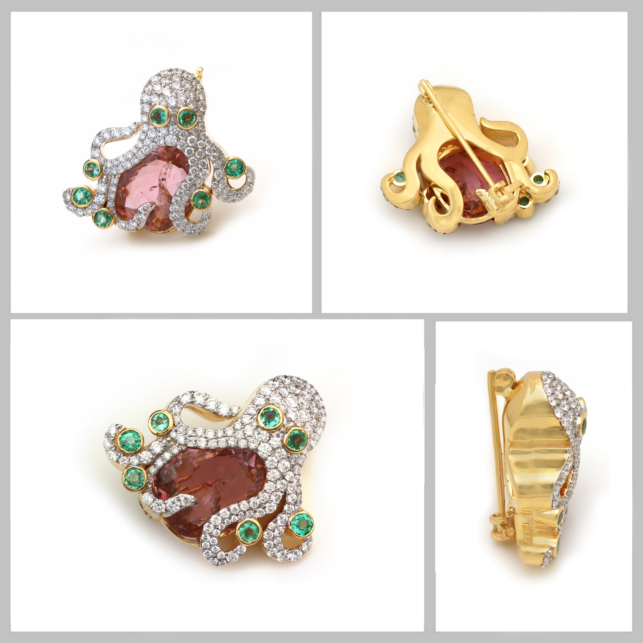 Natural Tourmaline and Emerald 18K gold brooch top view - NFJSD-1787