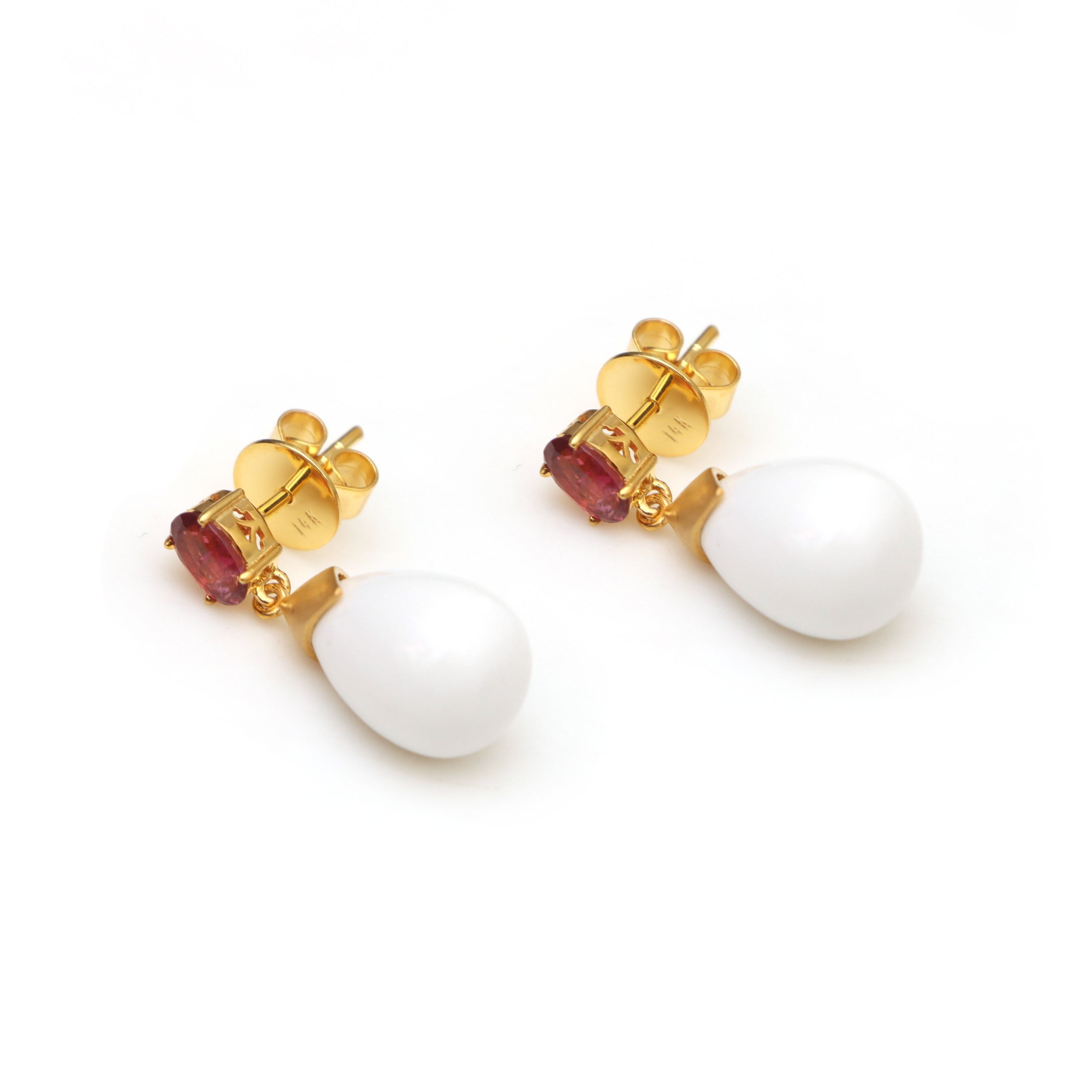 Natural Pink Tourmaline Oval Cut and white agate smooth drops 14K gold earrings front view - NFJSD-1382