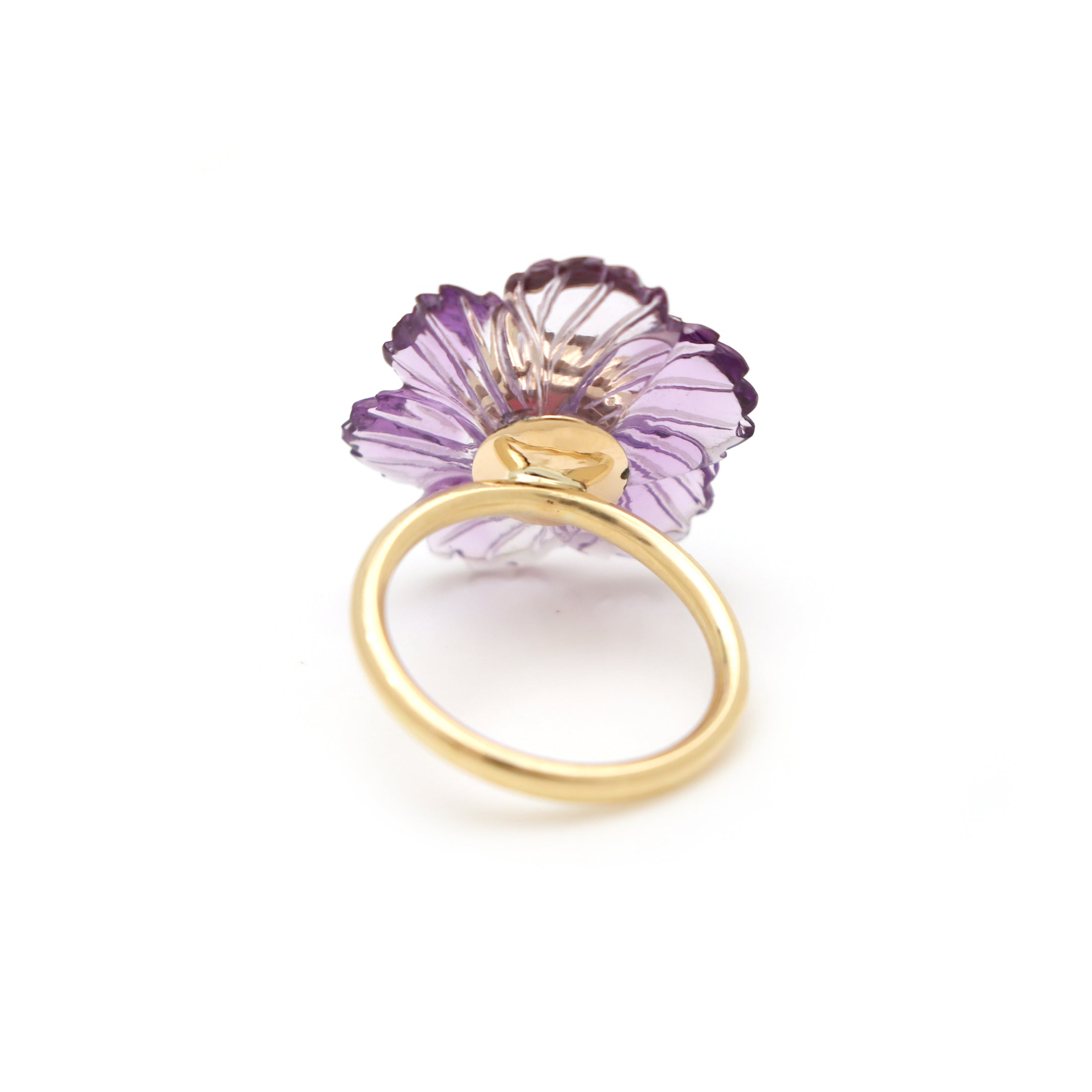 Natural Amethyst Carving and Pink Tourmaline 14K gold ring close-up detail - NFJSD-1562